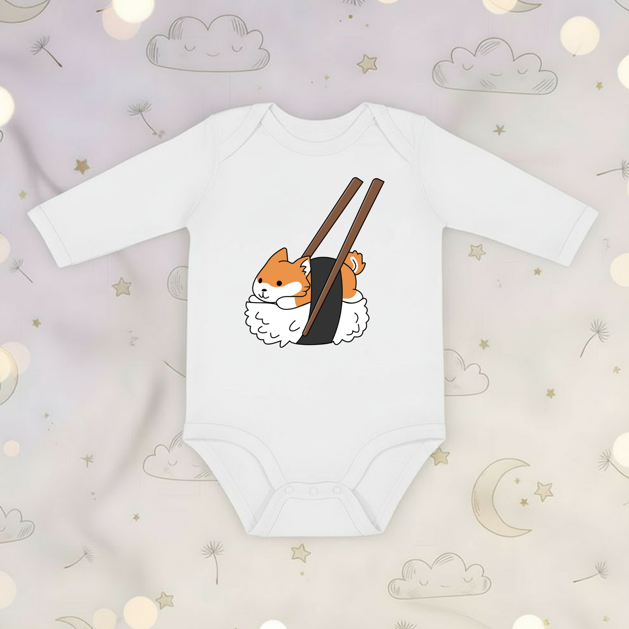 Shiba Inu Sushi with Chopsticks Long Sleeve Onesie