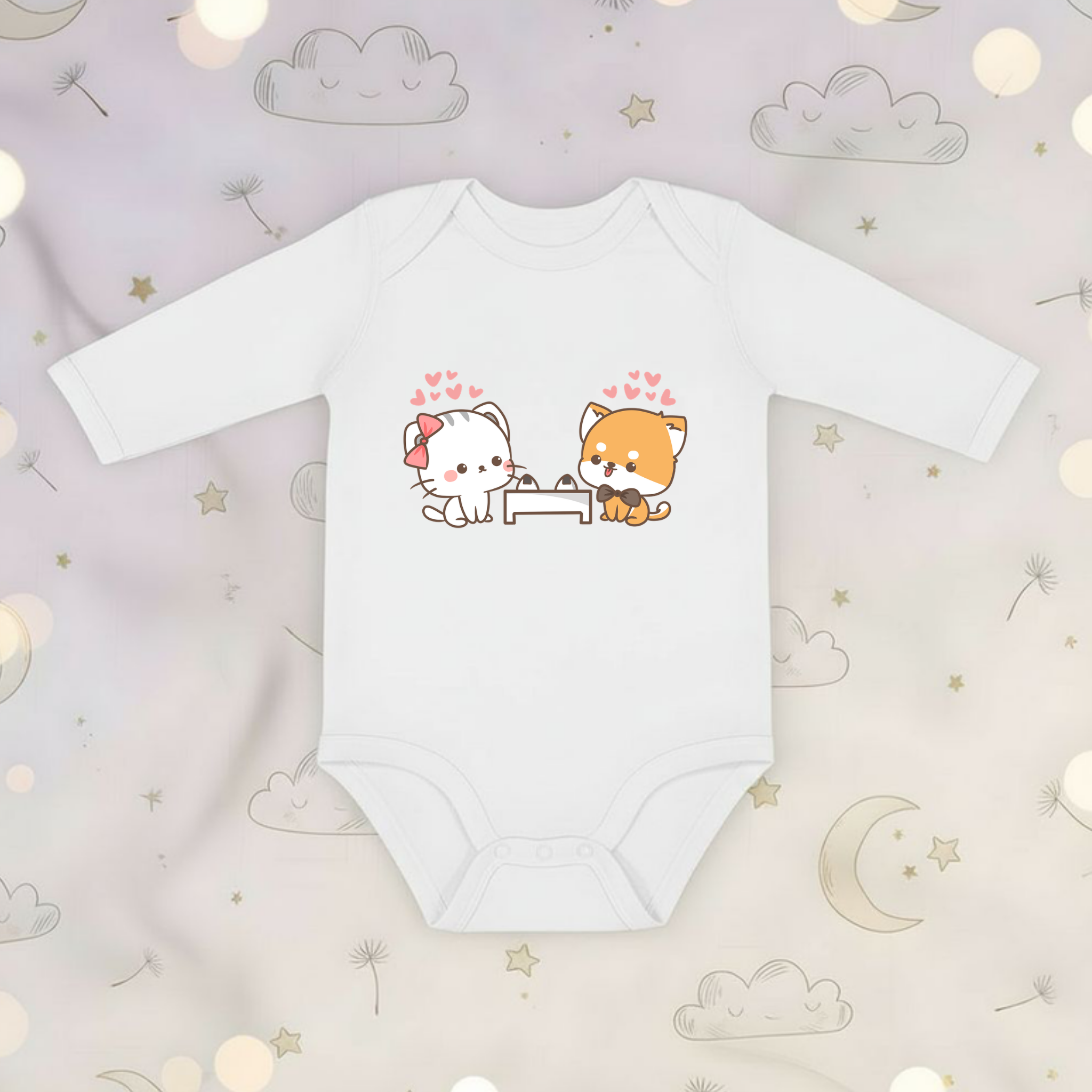 Cat and Dog Sushi Date Long Sleeve Onesie