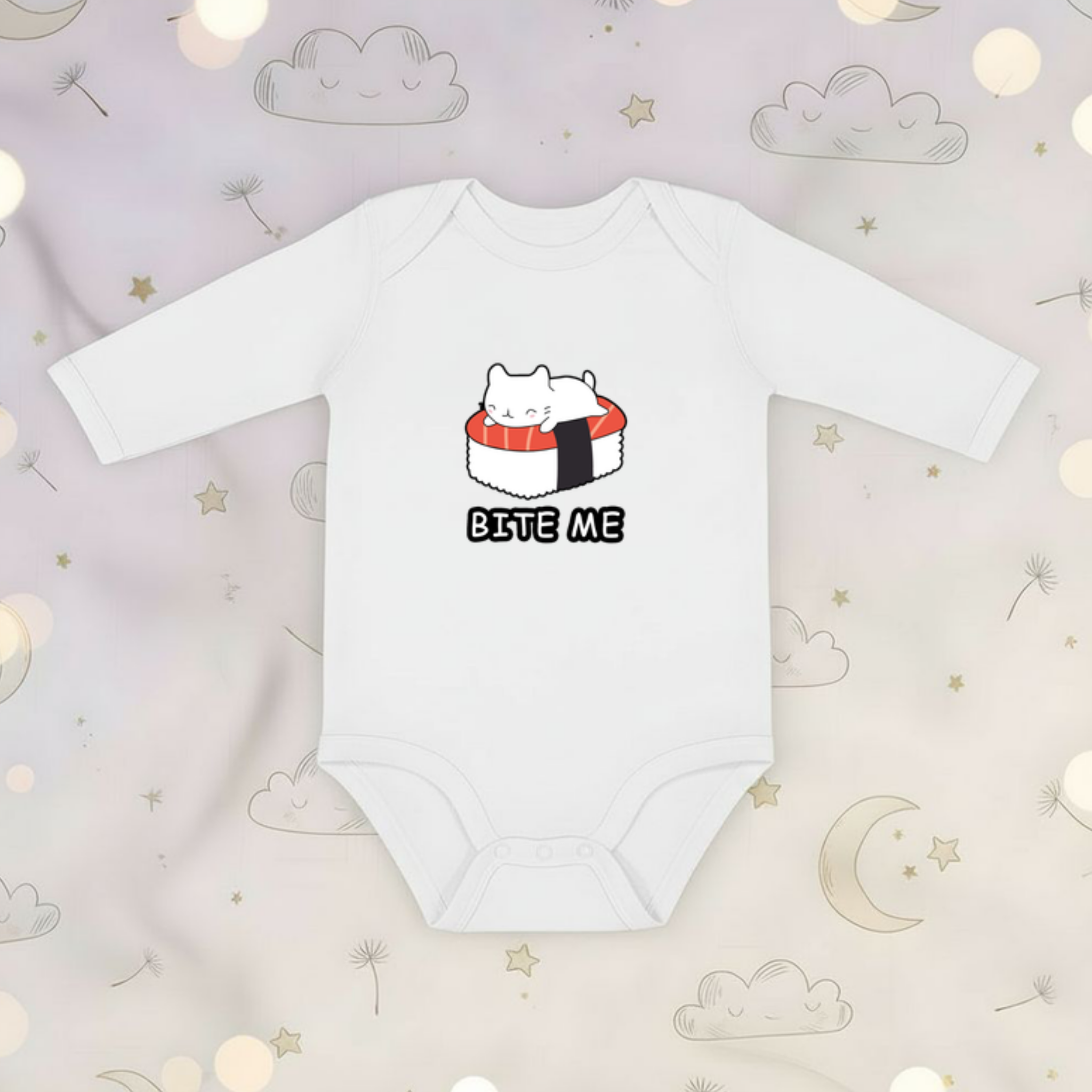 Bite Me White Kitten on Sushi Bed Long Sleeve Onesie