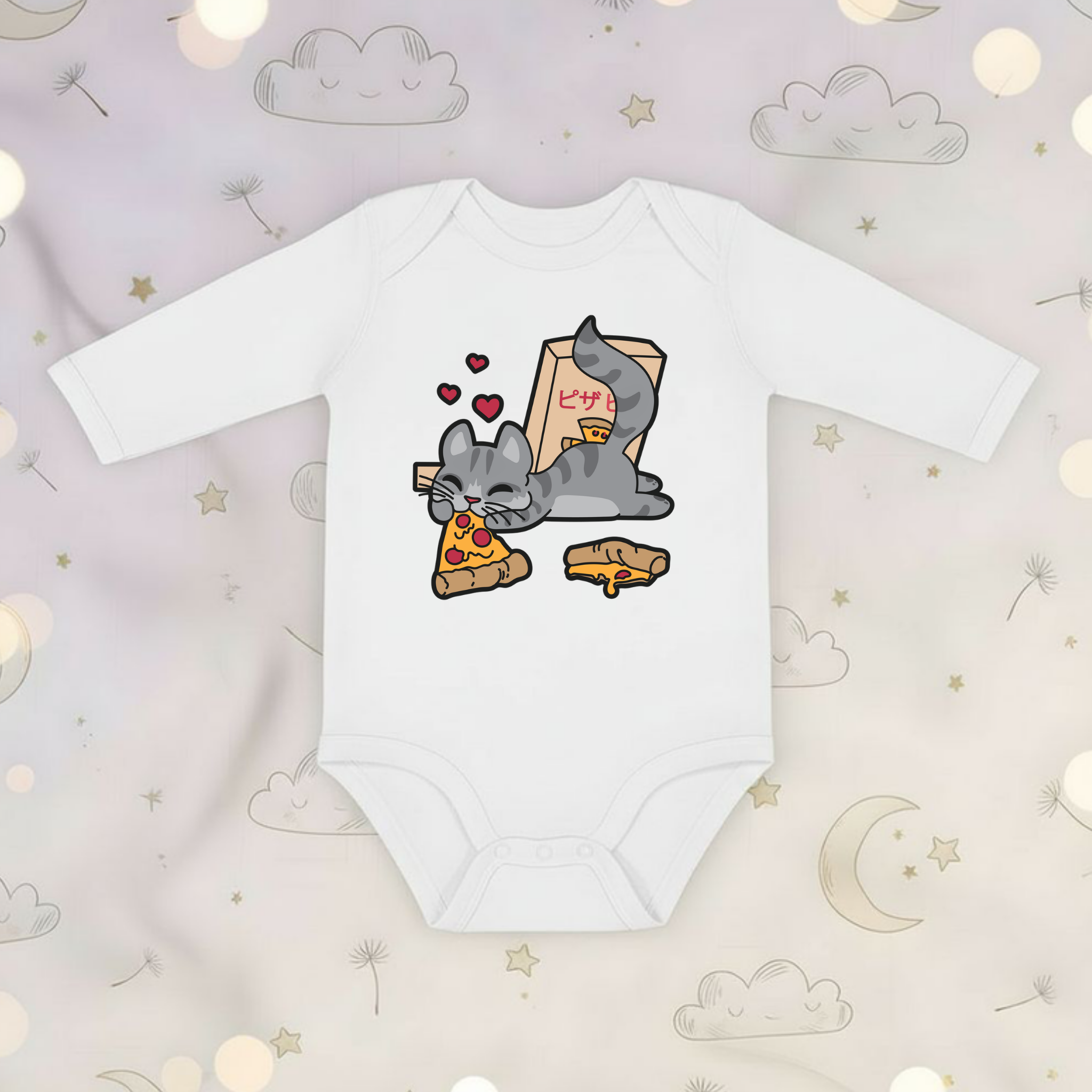 Cat Eating Pizza Long Sleeve Onesie