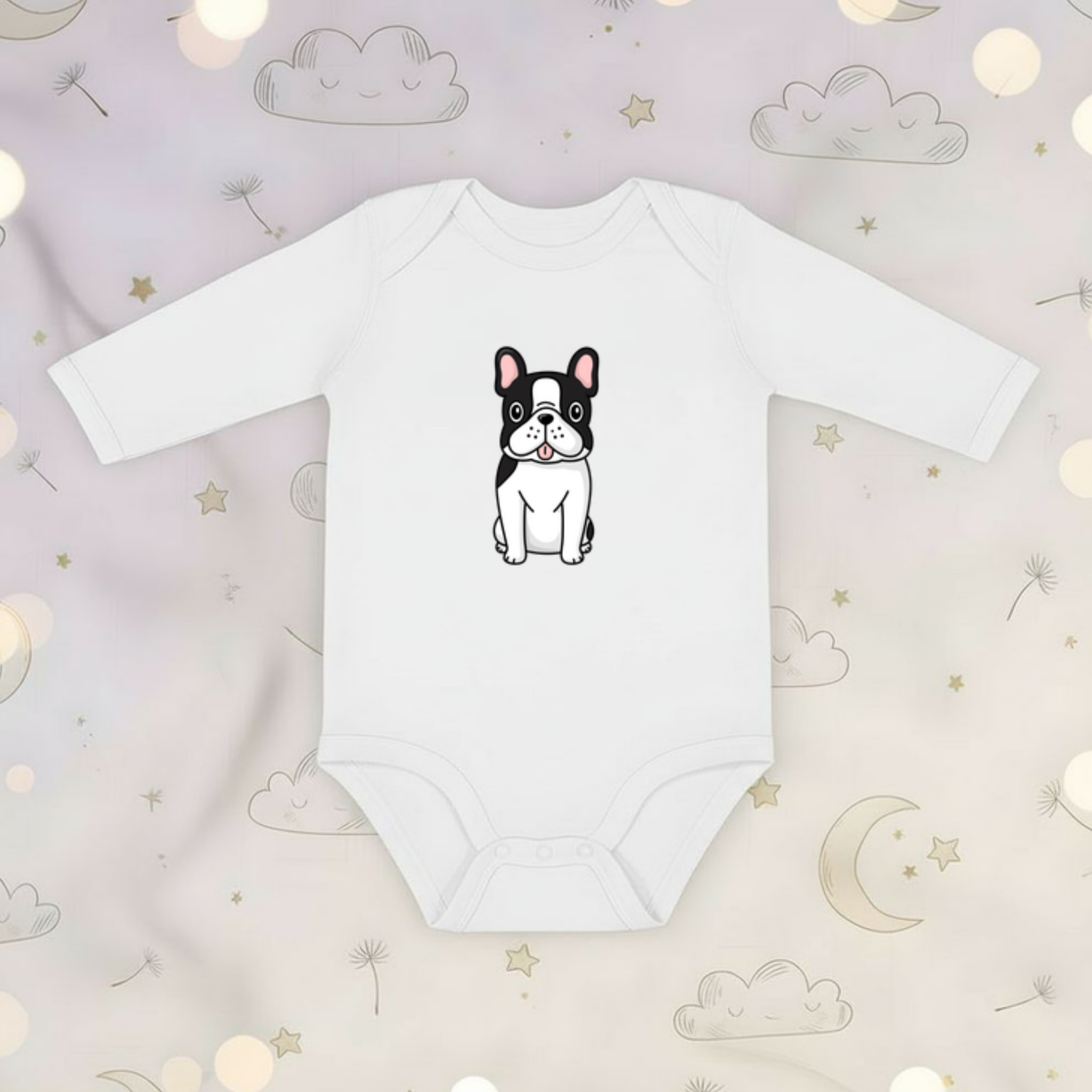 Black and White French Bulldog Long Sleeve Onesie