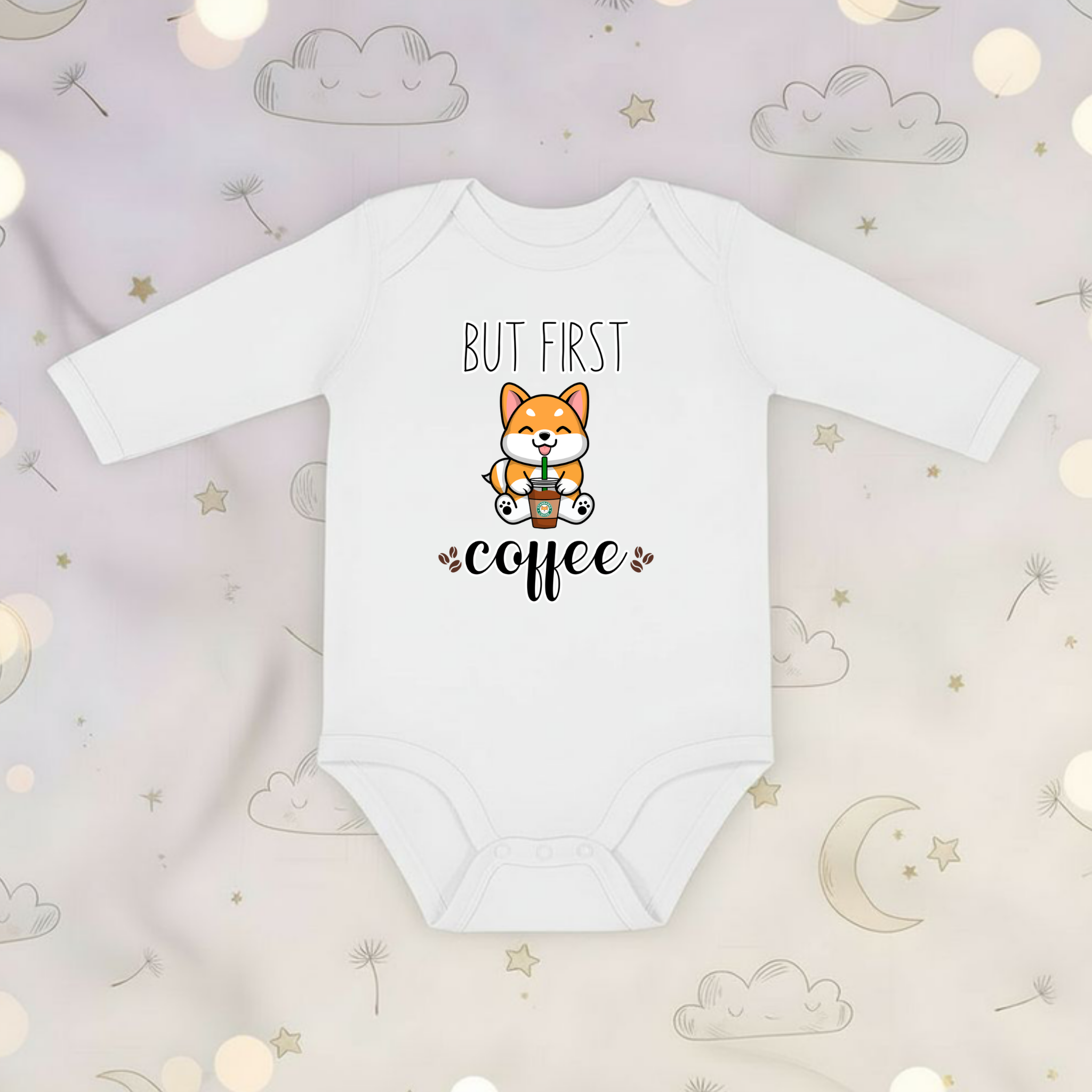 But First Coffee Puppy with Coffee (Tongue) Long Sleeve Onesie