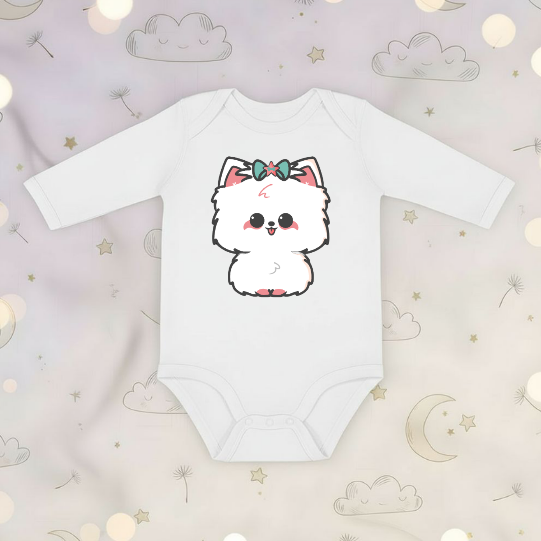 White Puppy with Bow Long Sleeve Onesie
