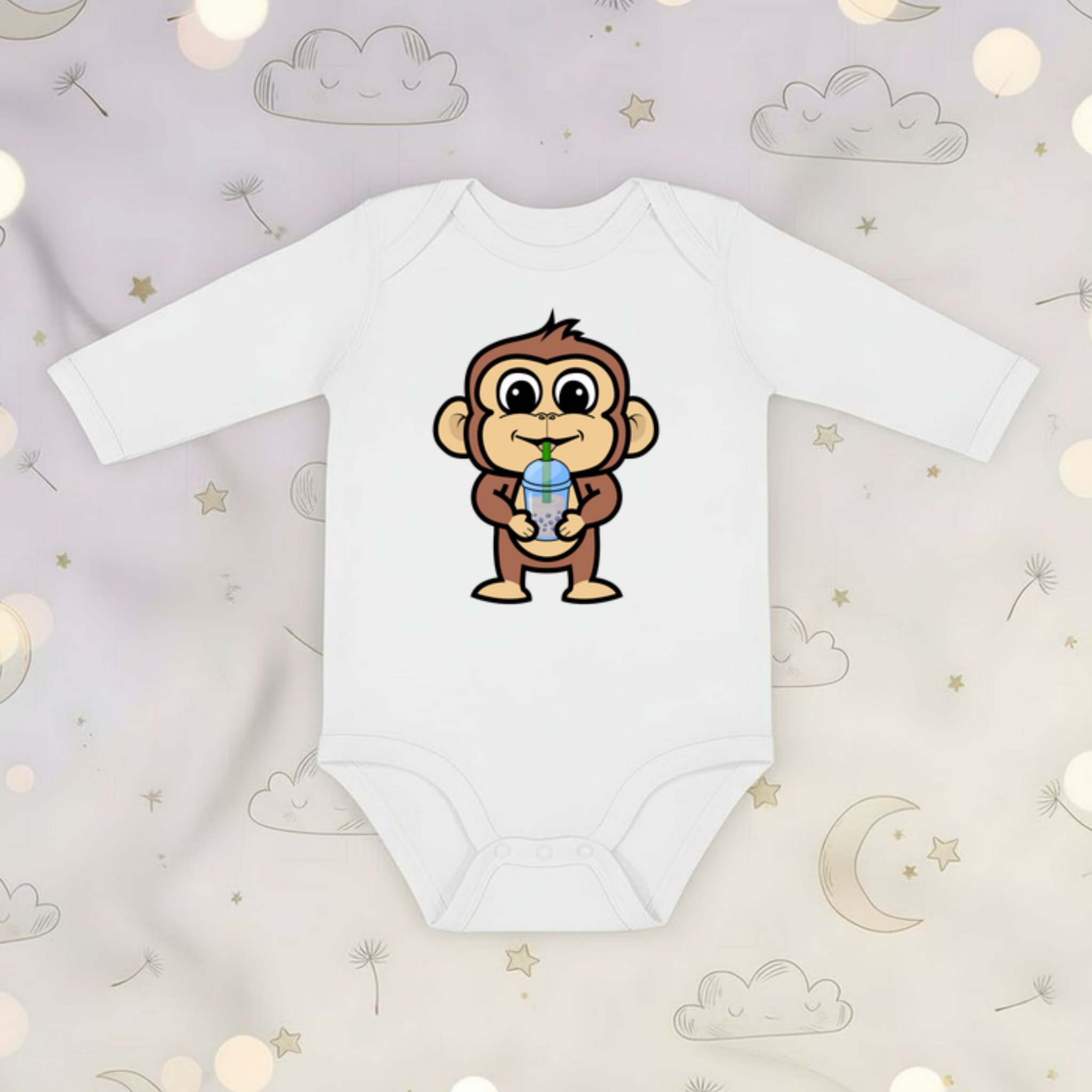 Monkey Drinking Boba Tea Long Sleeve Onesie