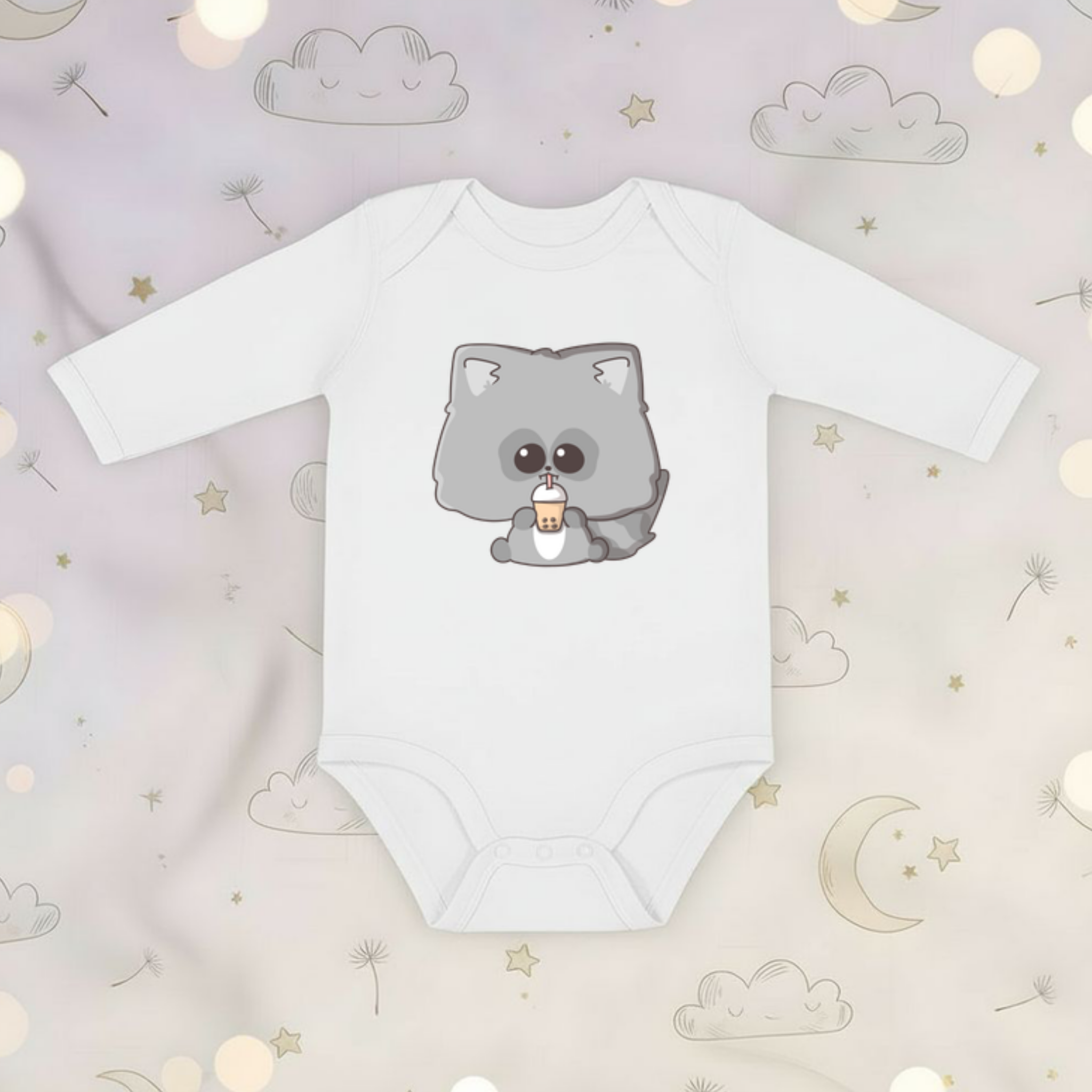 Raccoon Drinking Boba Tea Long Sleeve Onesie