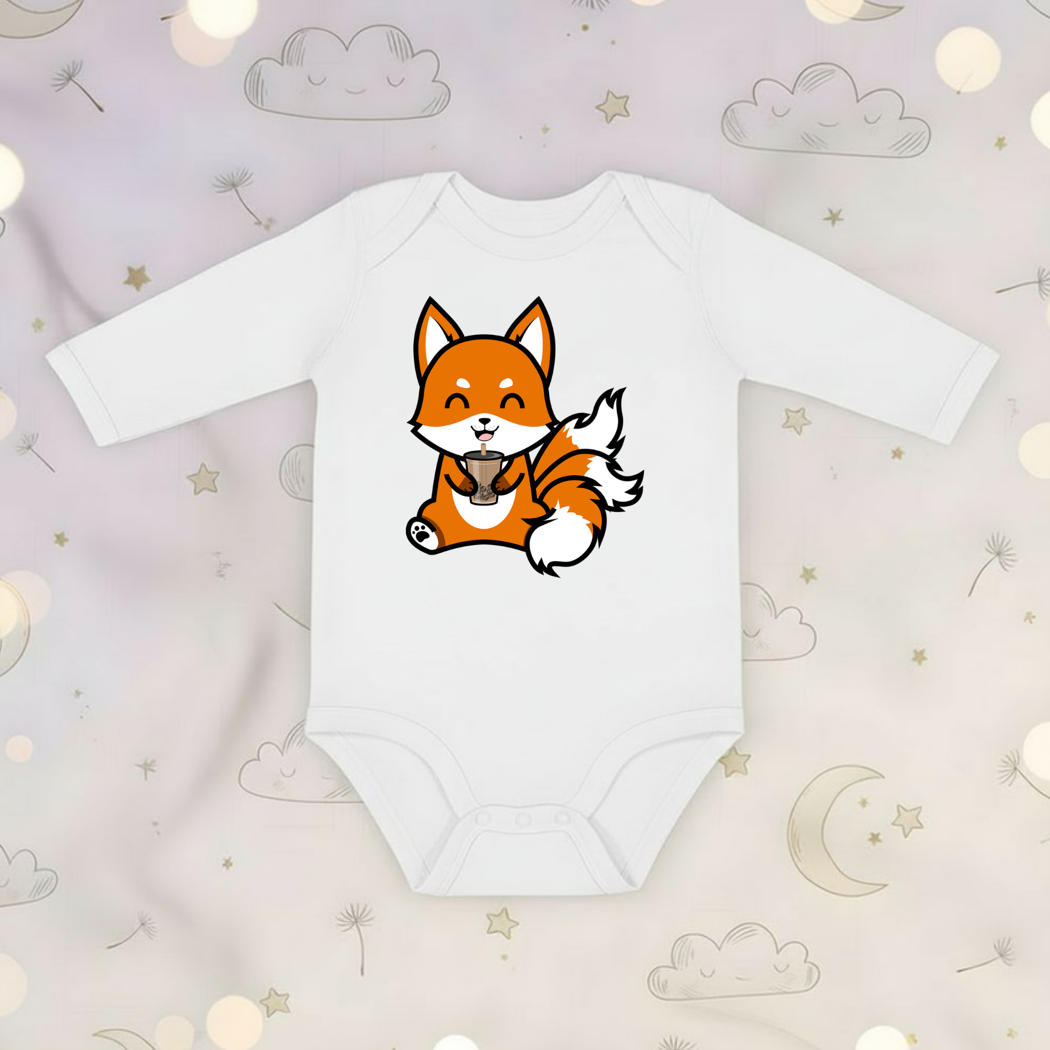 3-Tailed Fox Drinking Boba Tea Long Sleeve Onesie