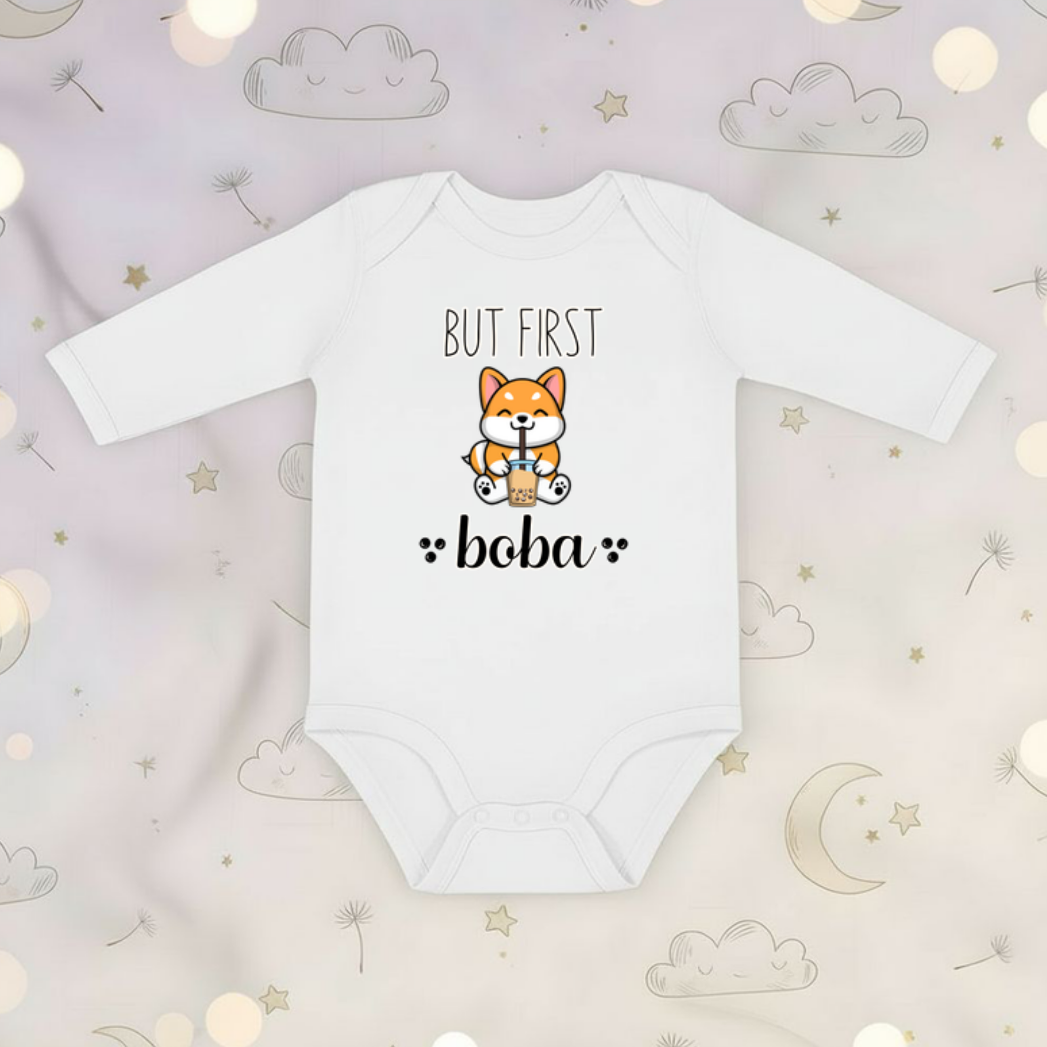 But First Boba Puppy Drinking Boba  Long Sleeve Onesie