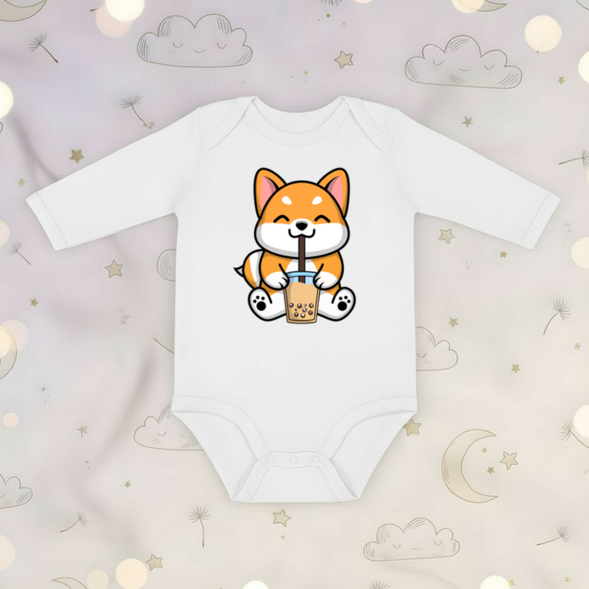 Puppy Drinking Boba Tea Long Sleeve Onesie