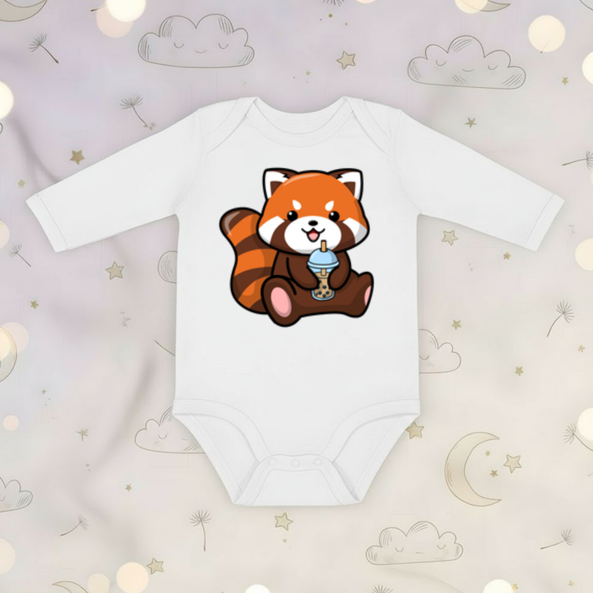 Red Panda Drinking Boba Tea Long Sleeve Onesie