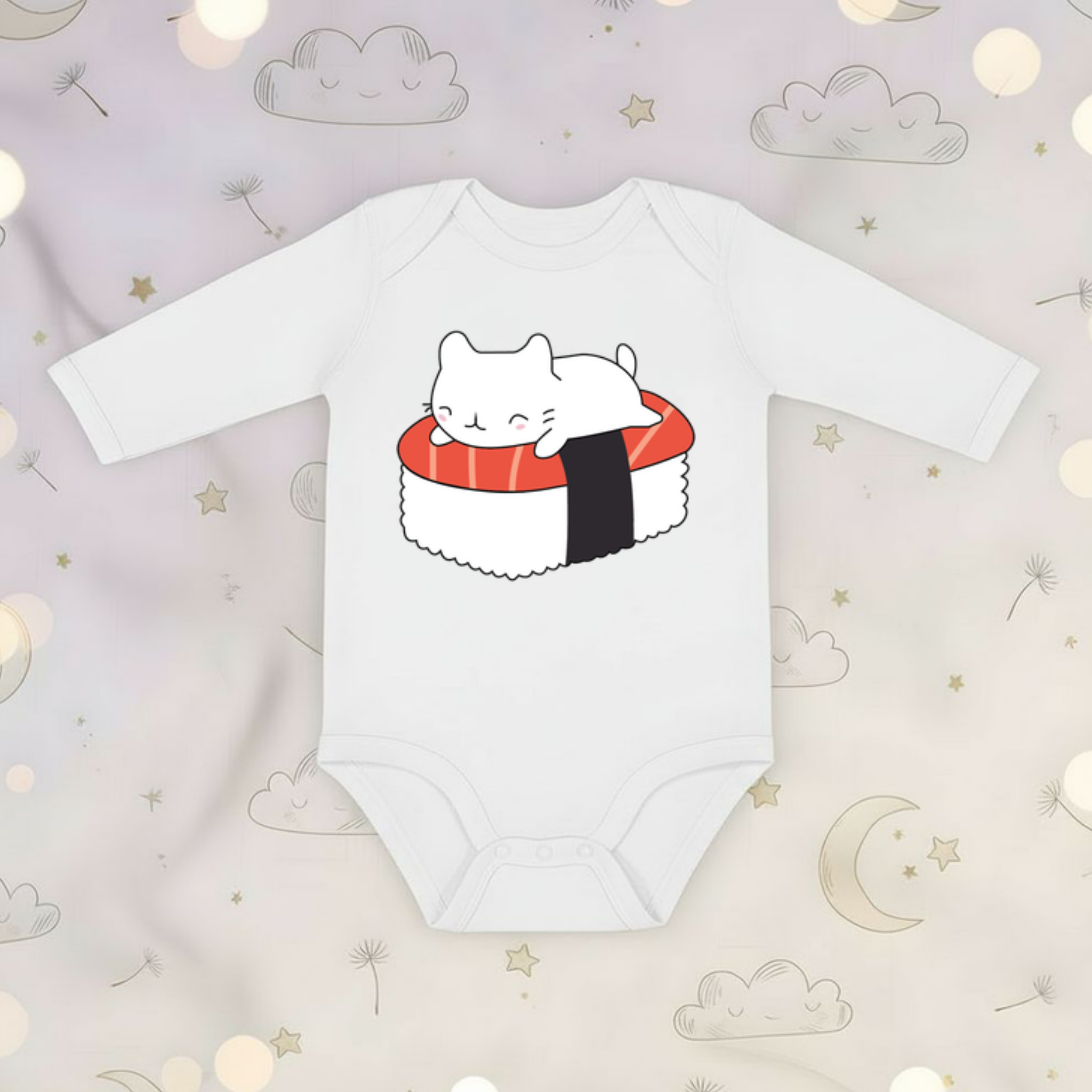 White Kitten on Sushi Bed Long Sleeve Onesie