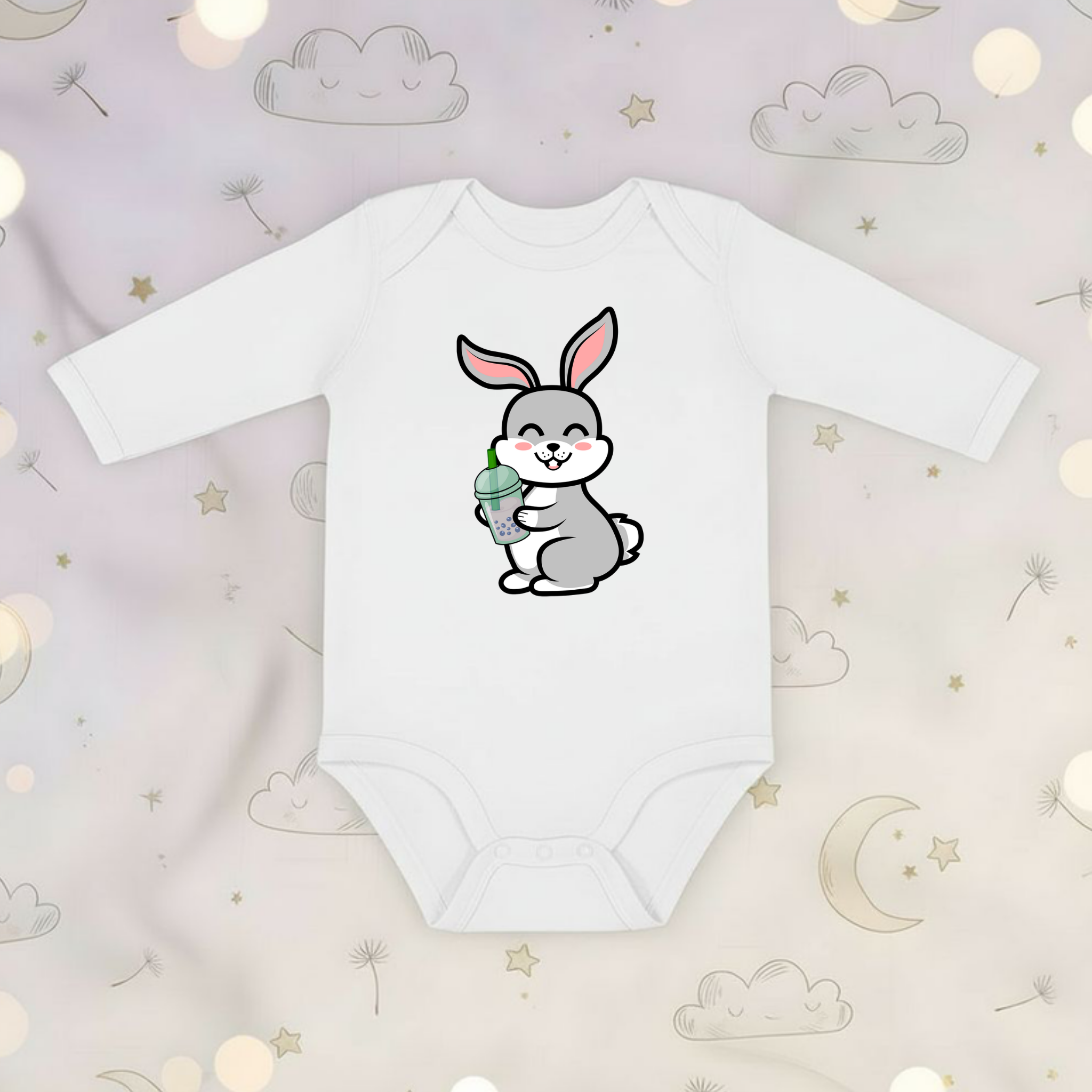Bunny Rabbit Drinking Boba Long Sleeve Onesie