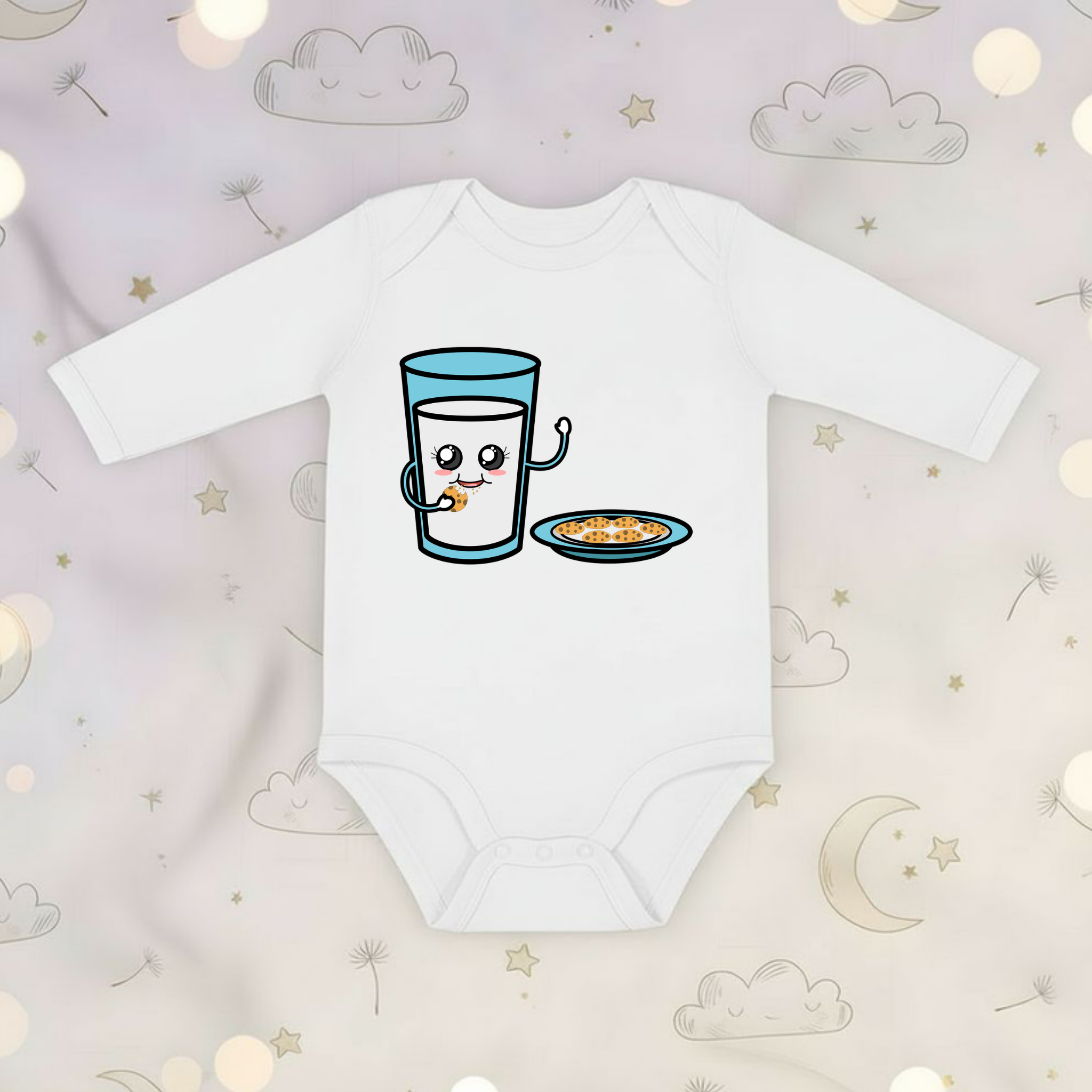Glass of Milk Eating Cookies Long Sleeve Onesie
