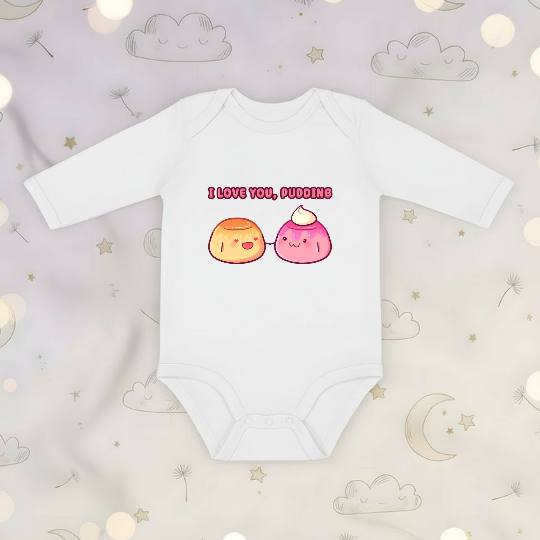 I Love You, Pudding Flan and Pudding Couple Long Sleeve Onesie