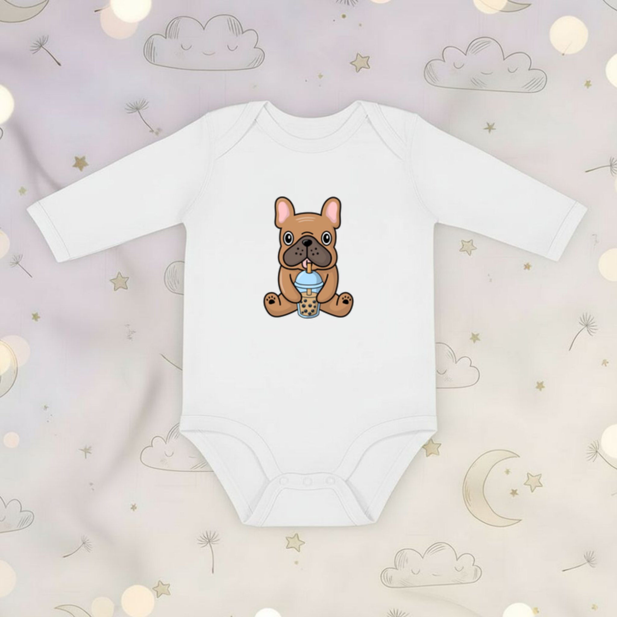 French Bulldog Drinking Boba Long Sleeve Onesie