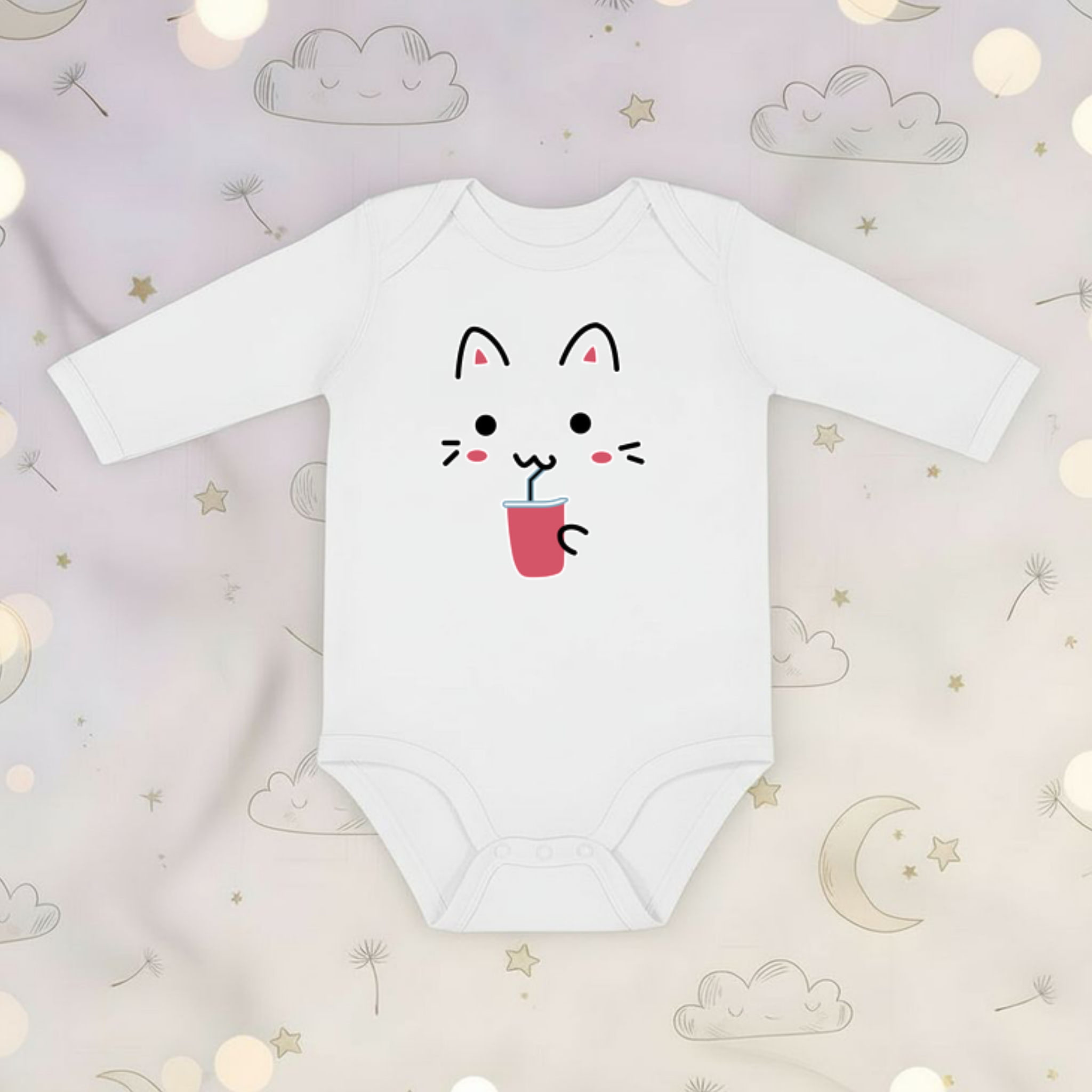 Kitten Drinking Boba Tea Long Sleeve Onesie