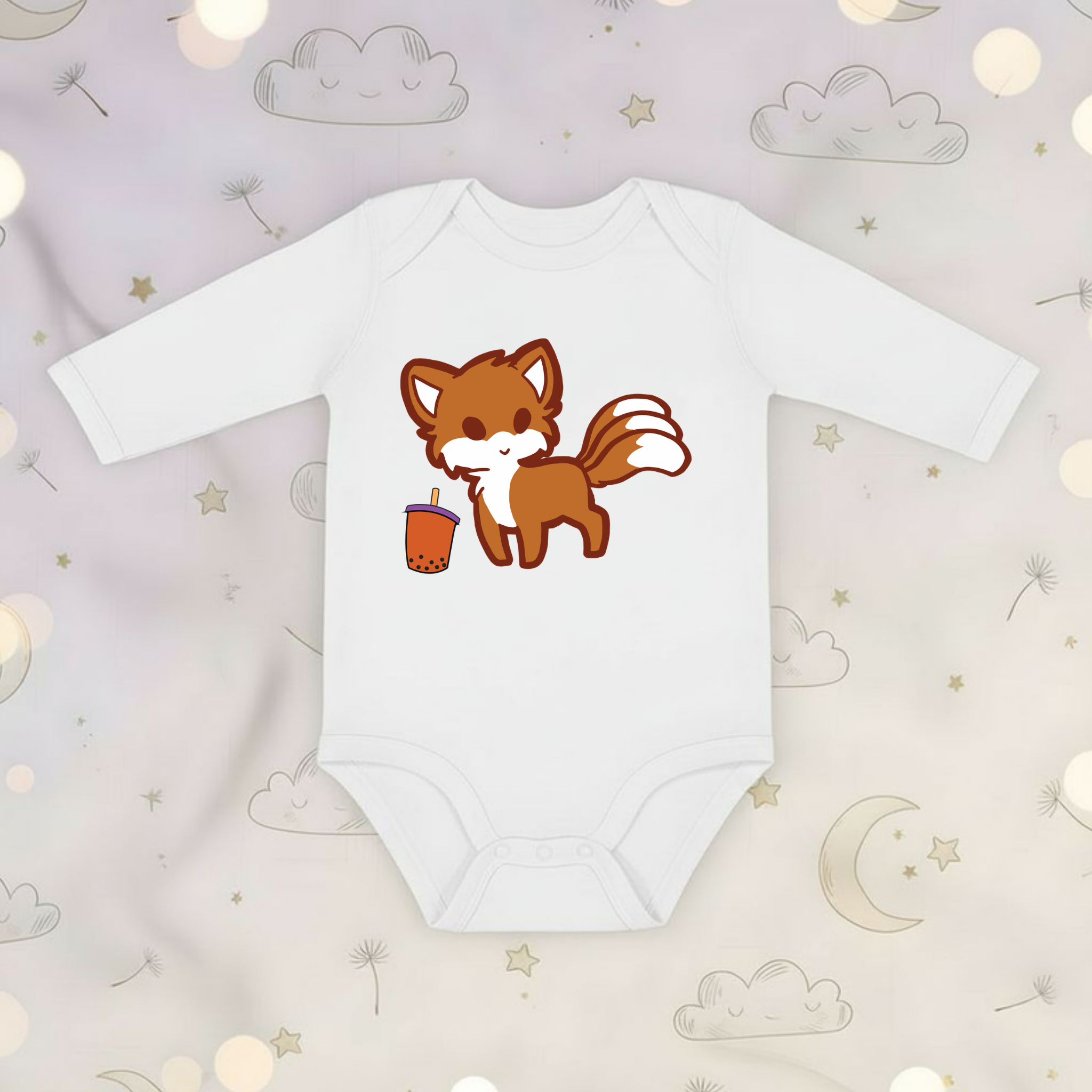 Fox Drinking Boba Tea Long Sleeve Onesie