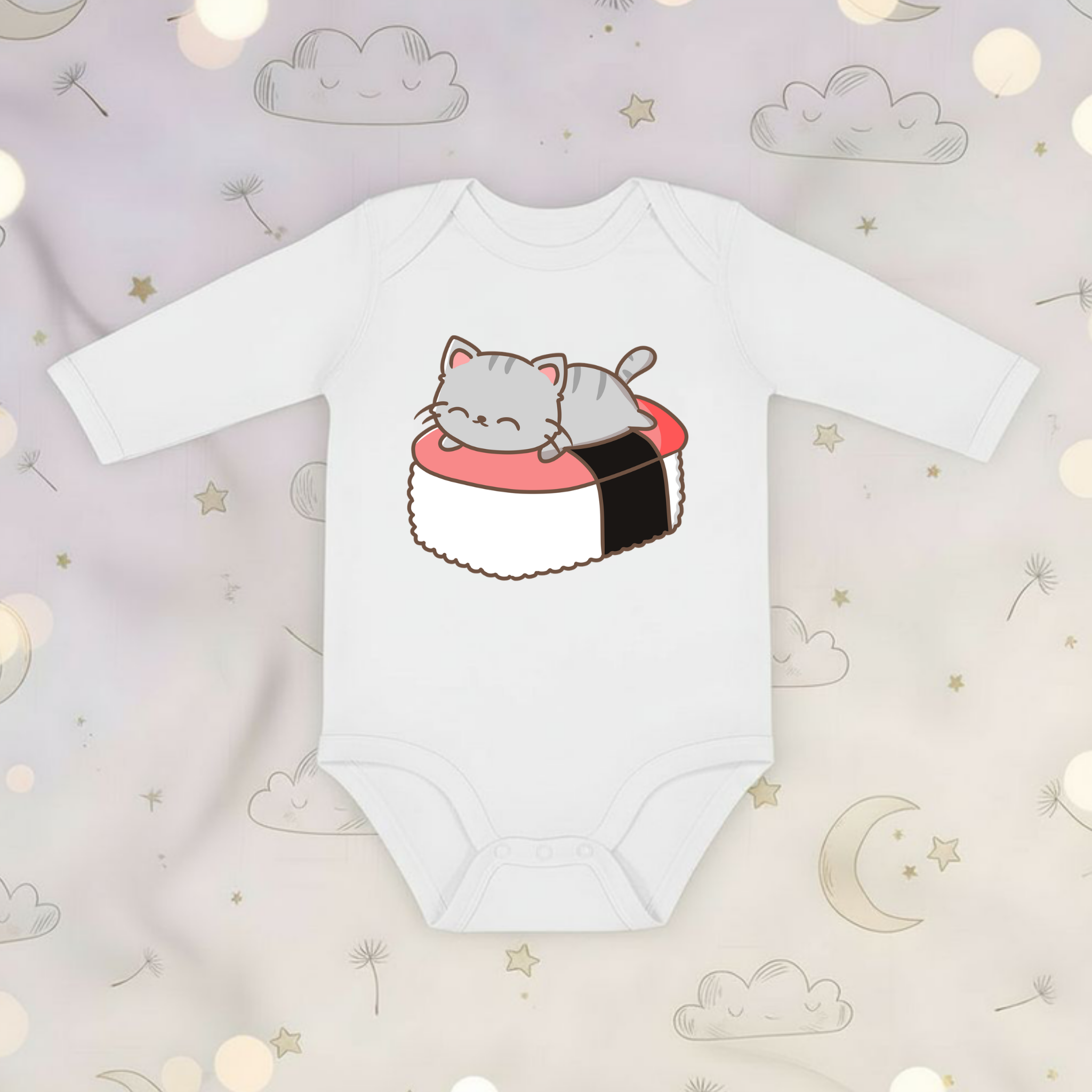 Grey Kitten on Sushi Bed Long Sleeve Onesie