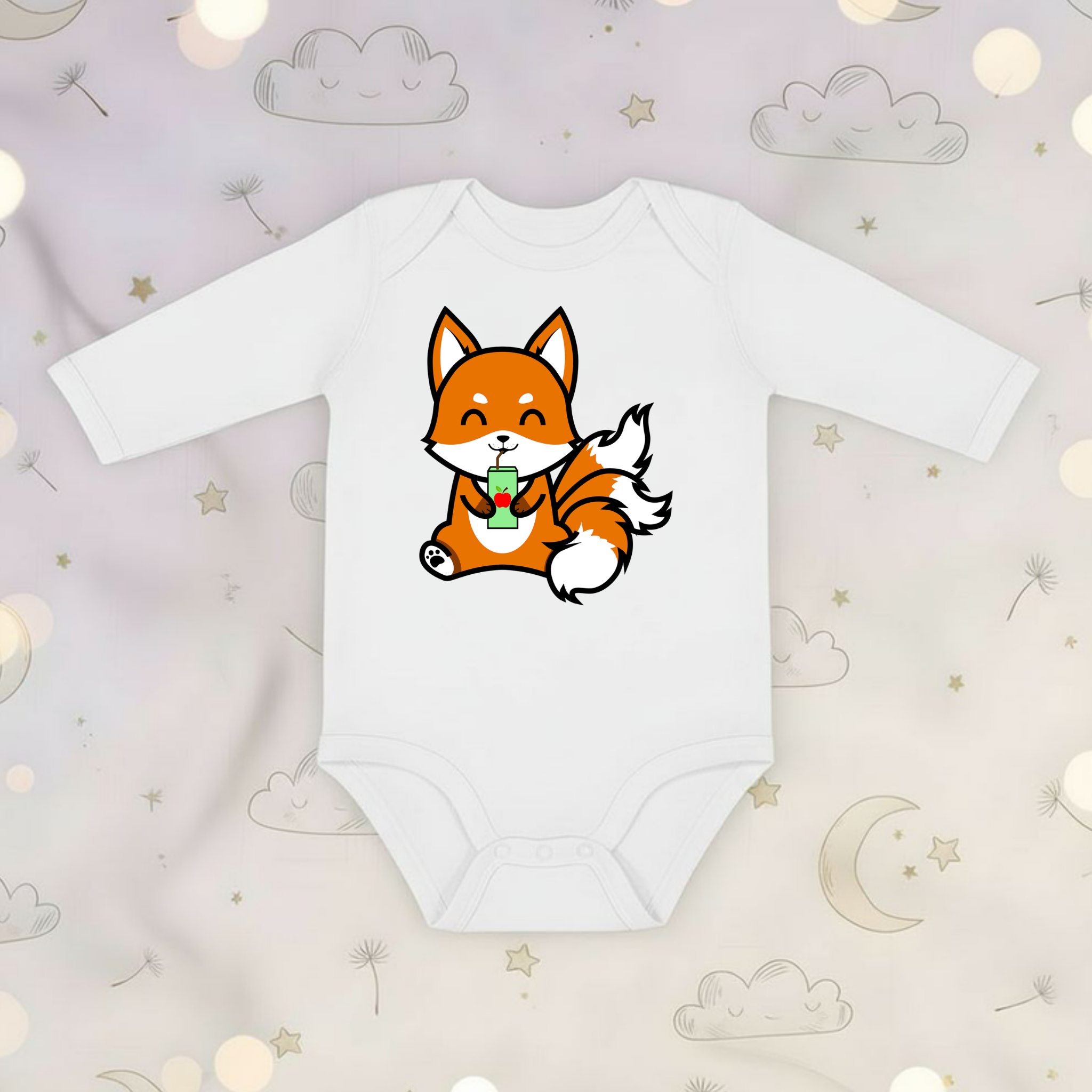 3-Tailed Fox Drinking Apple Juice Long Sleeve Onesie