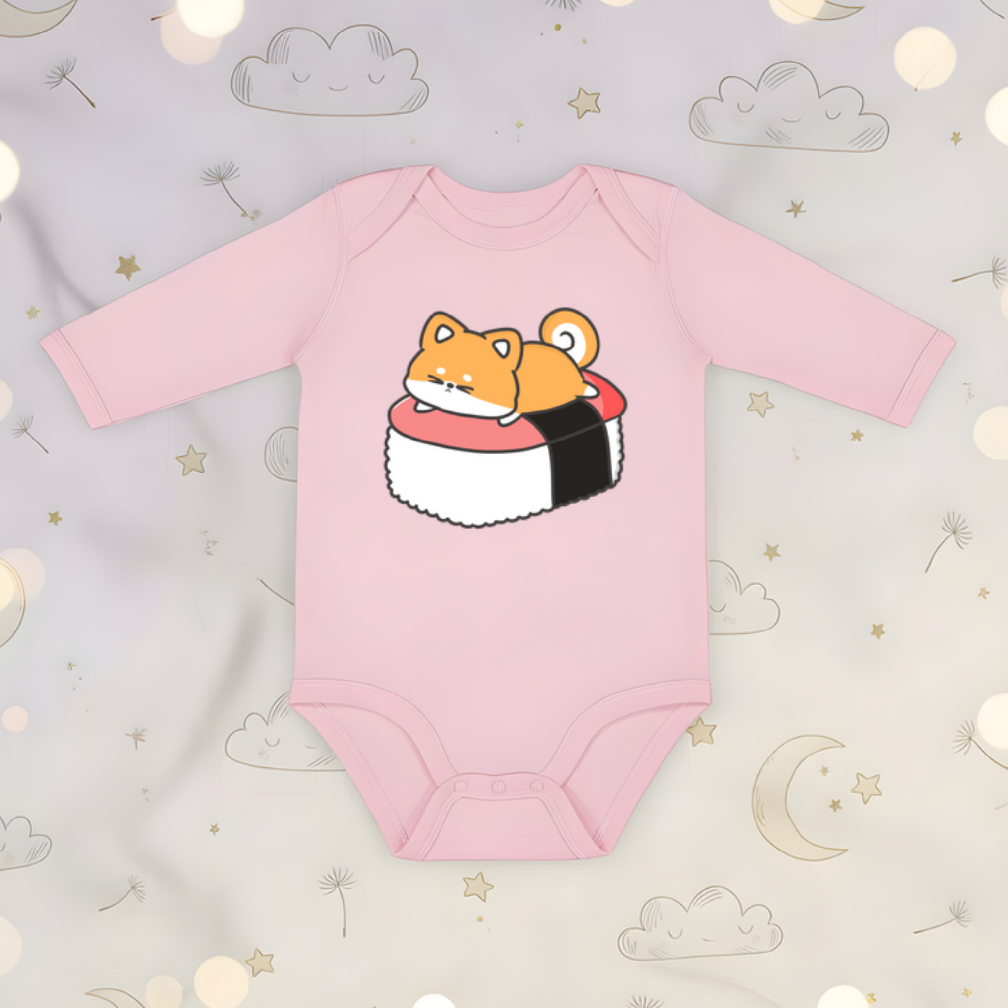 Puppy on Sushi Bed Long Sleeve Onesie