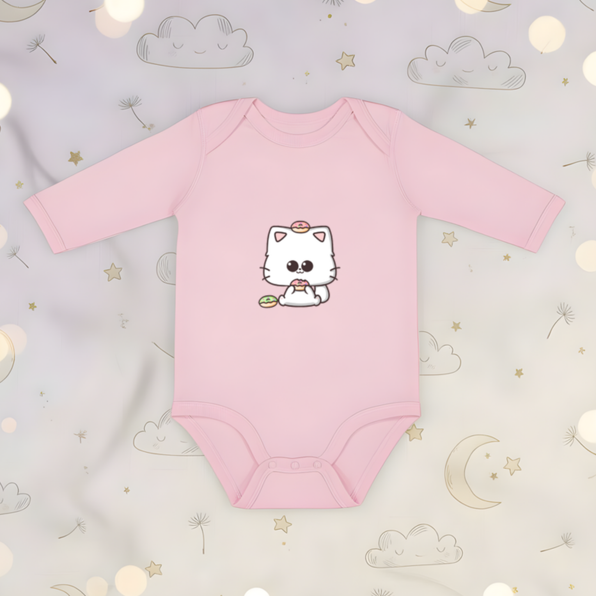 Kitten Eating Donuts Long Sleeve Onesie