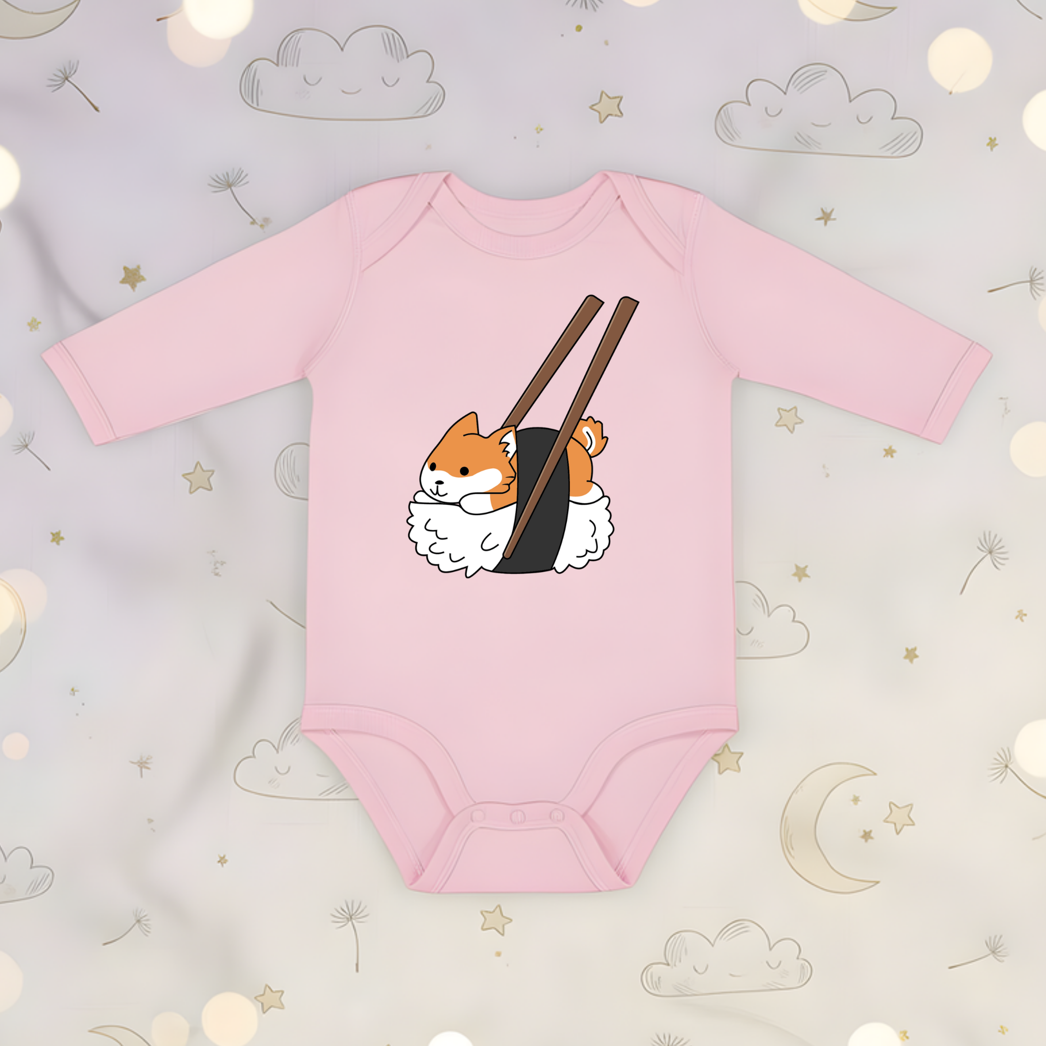 Shiba Inu Sushi with Chopsticks Long Sleeve Onesie
