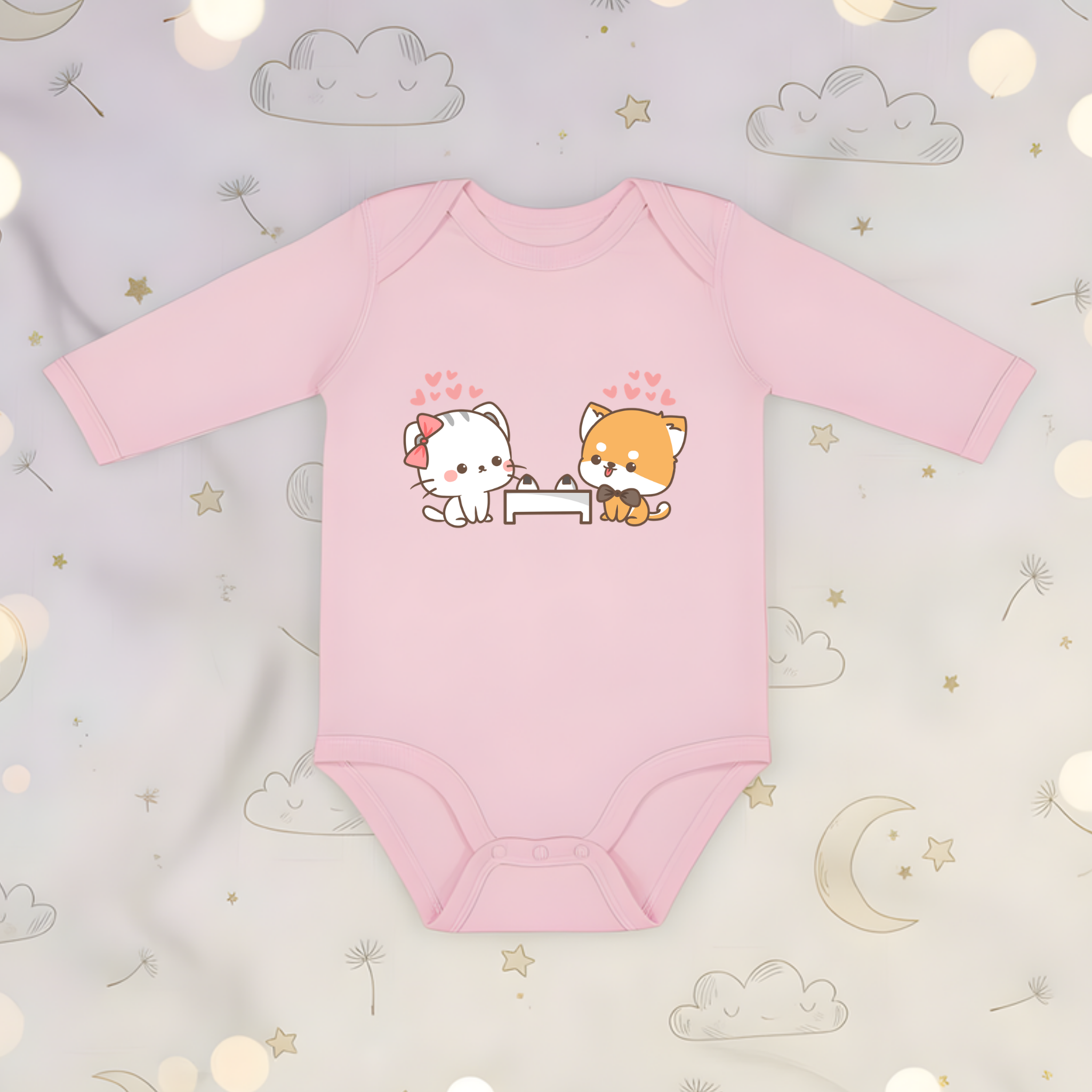 Cat and Dog Sushi Date Long Sleeve Onesie