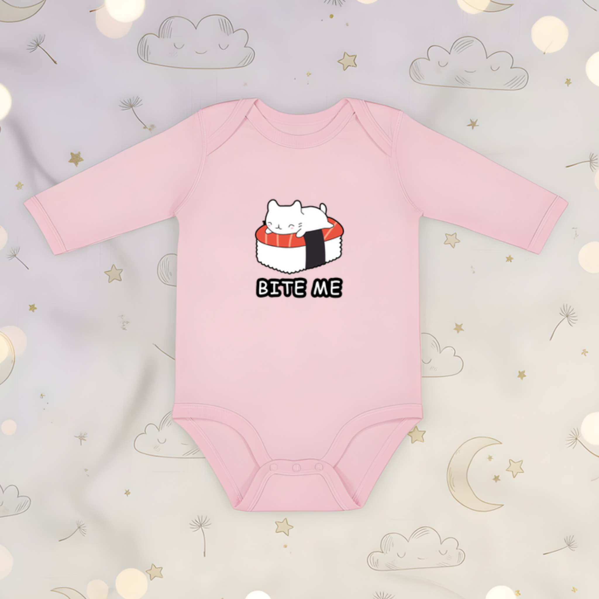 Bite Me White Kitten on Sushi Bed Long Sleeve Onesie