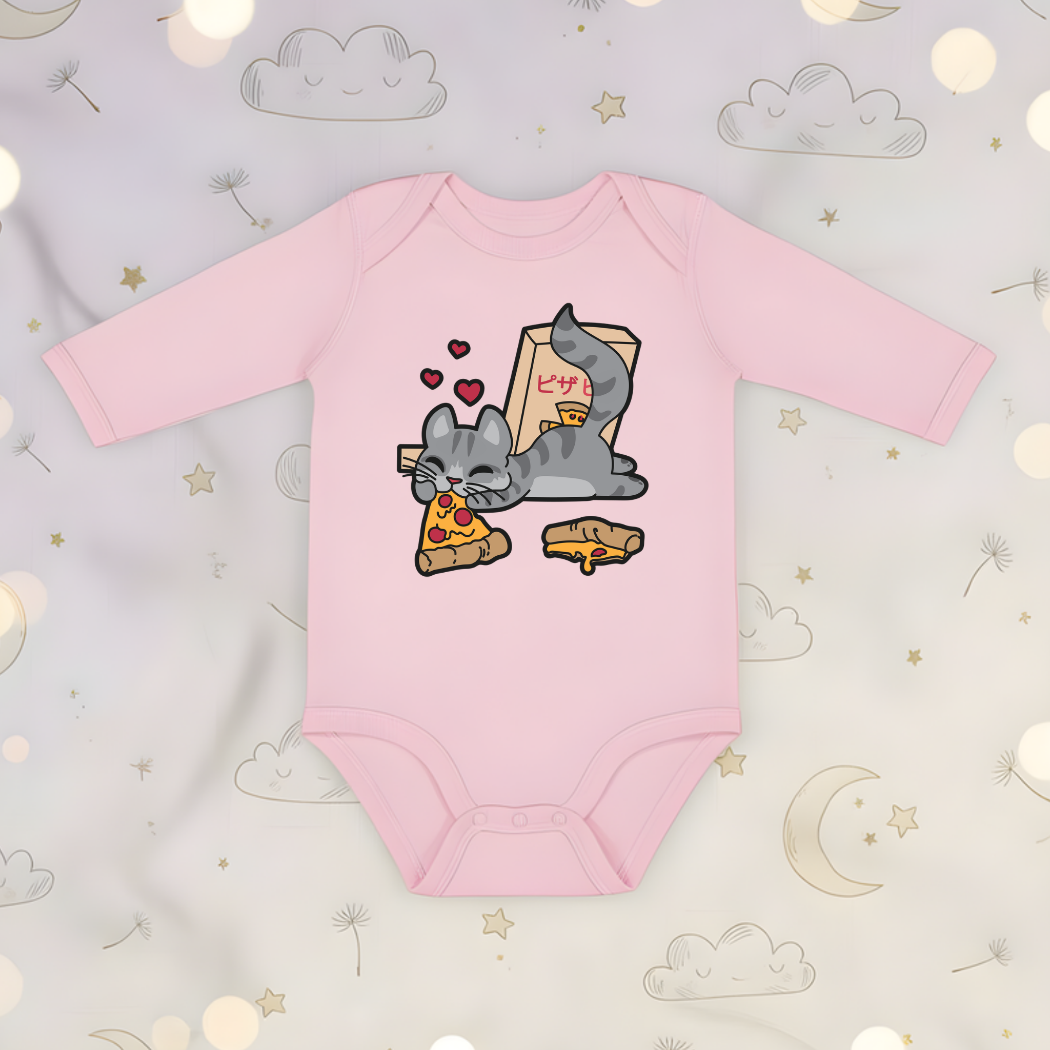 Cat Eating Pizza Long Sleeve Onesie