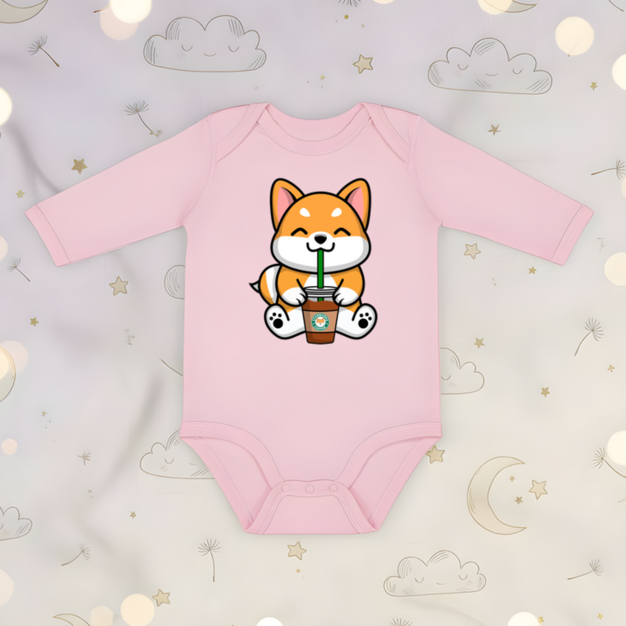Puppy Drinking Coffee Long Sleeve Onesie