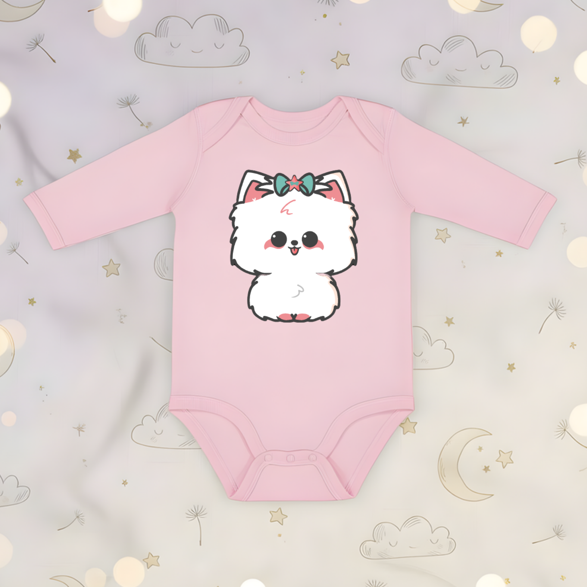 White Puppy with Bow Long Sleeve Onesie
