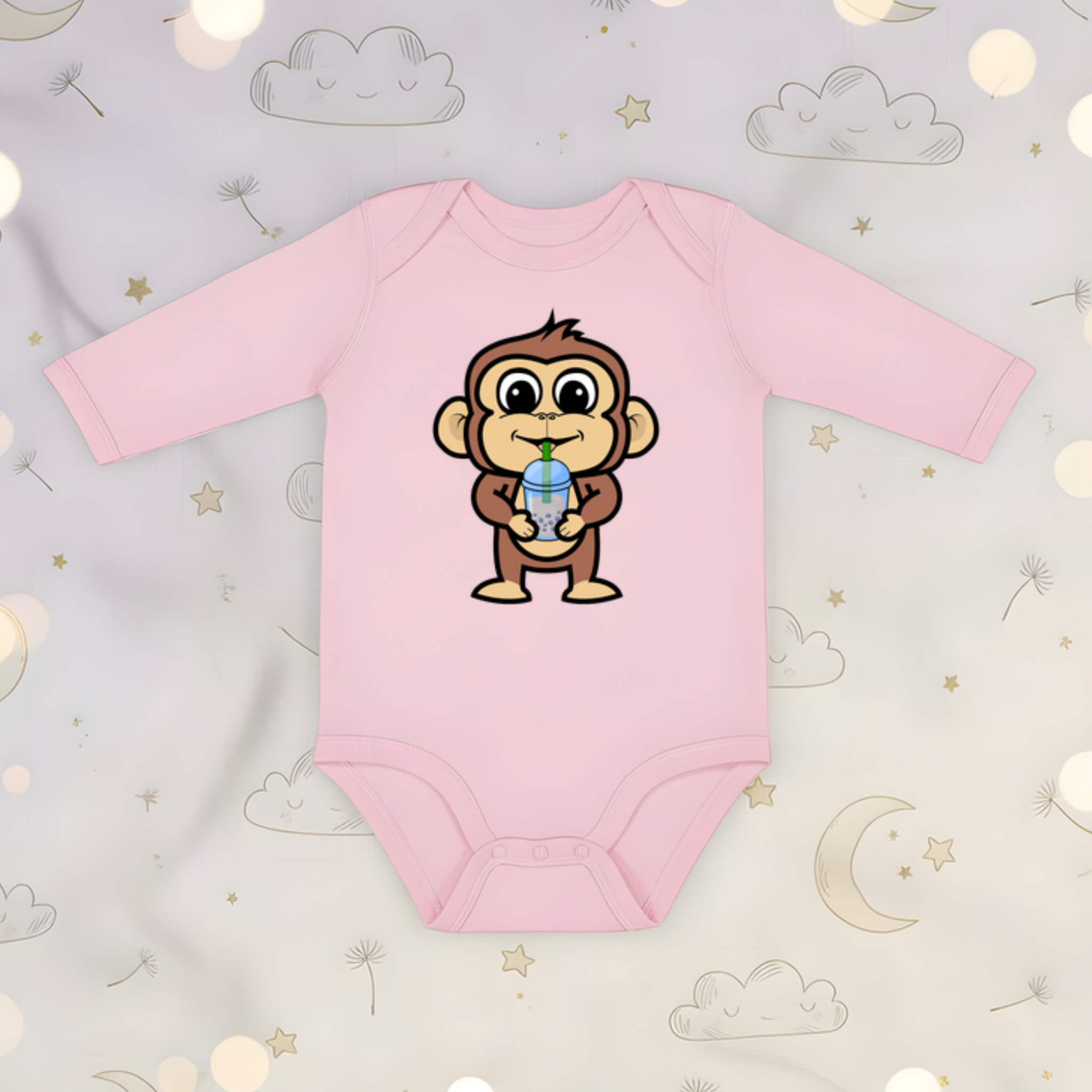 Monkey Drinking Boba Tea Long Sleeve Onesie
