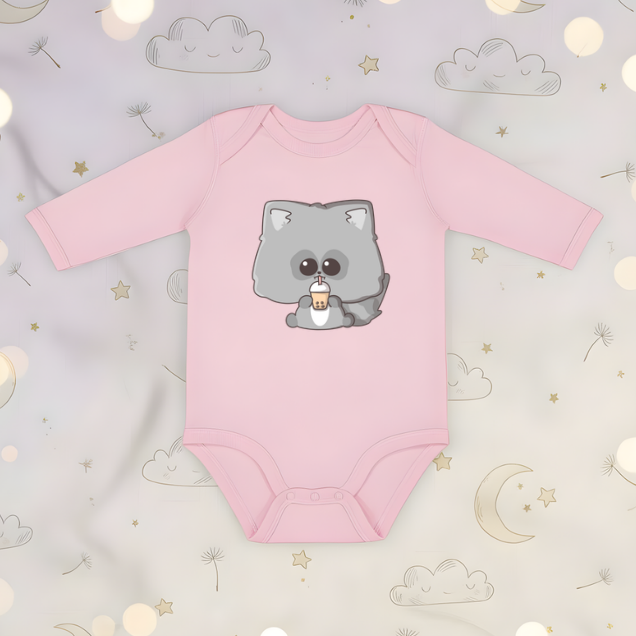 Raccoon Drinking Boba Tea Long Sleeve Onesie
