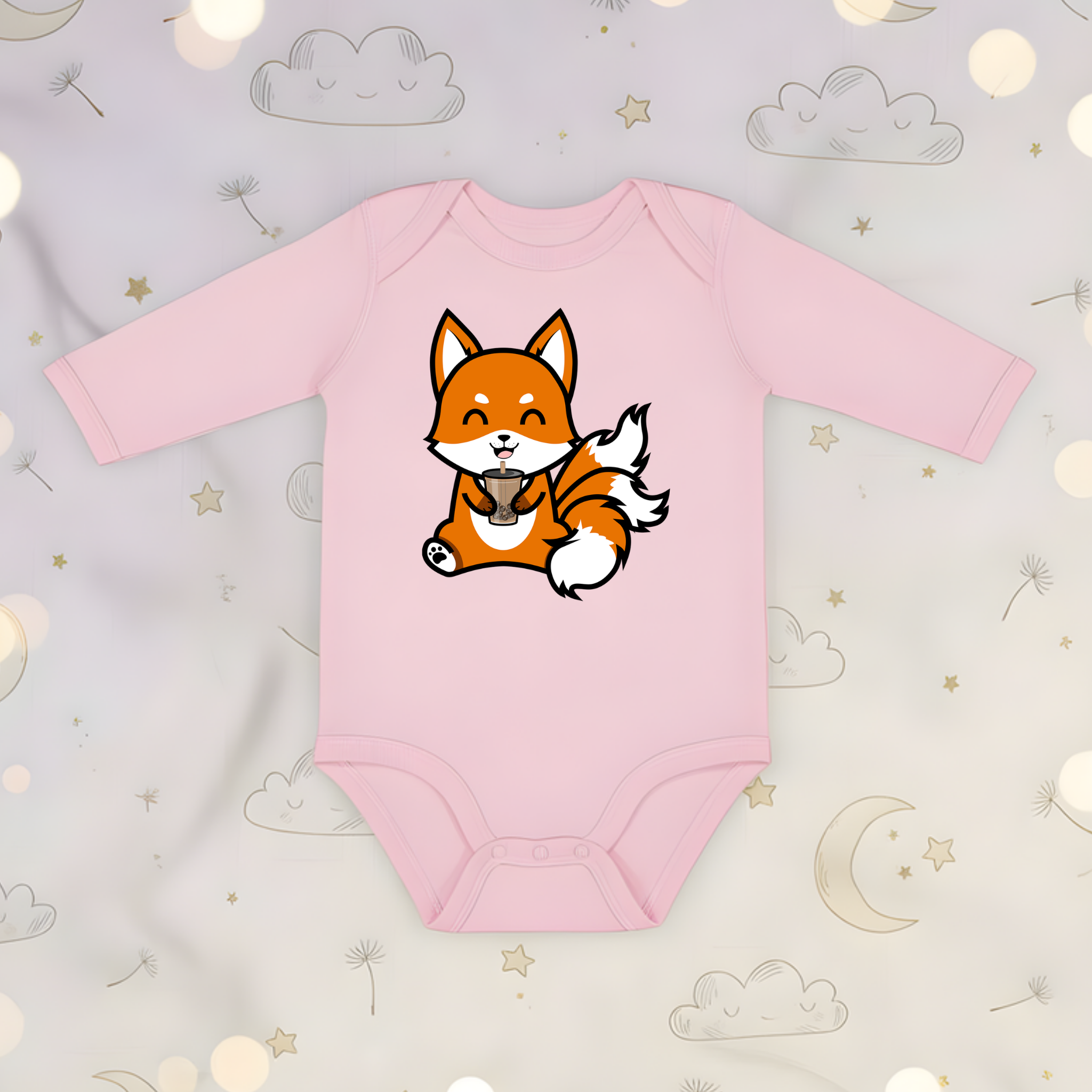 3-Tailed Fox Drinking Boba Tea Long Sleeve Onesie