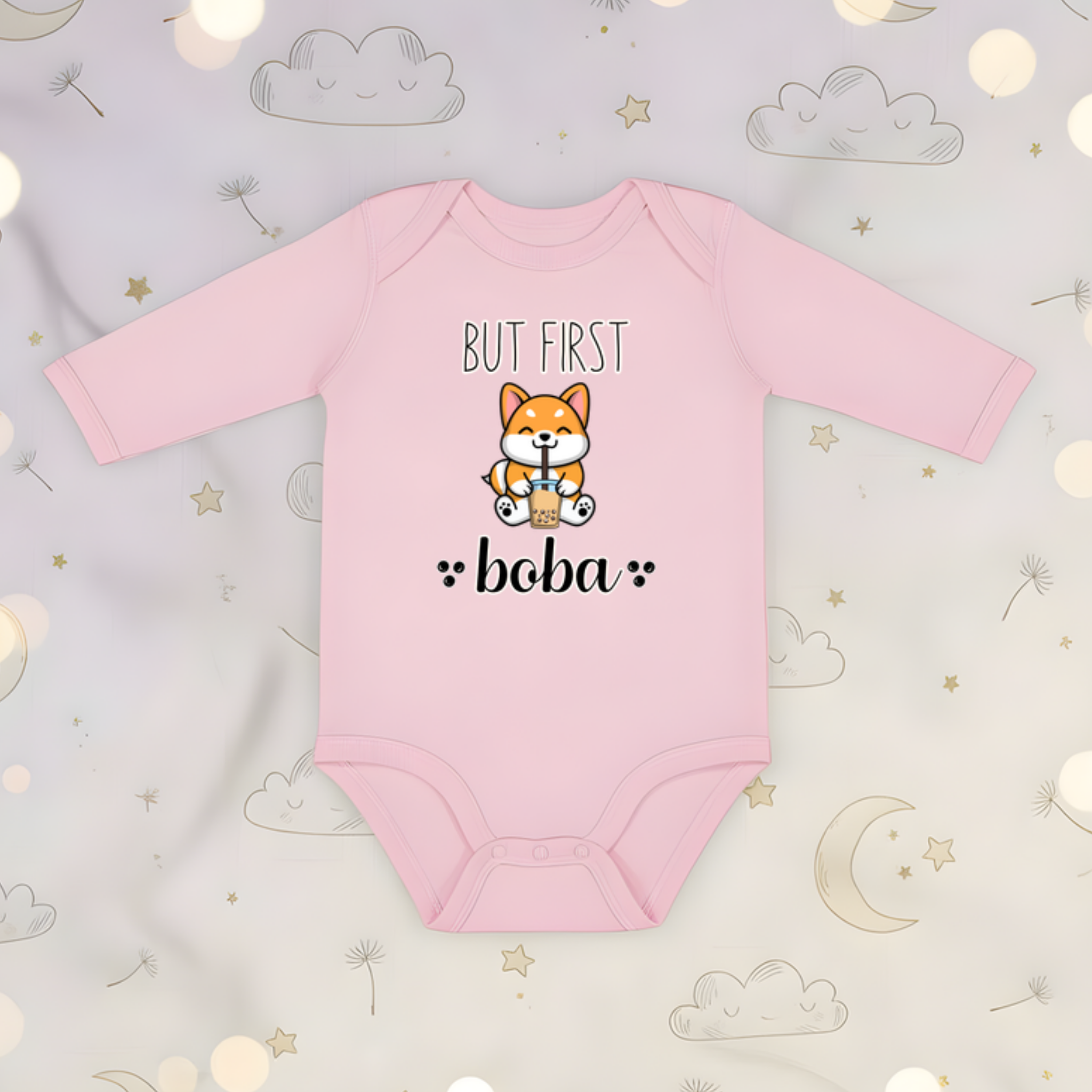But First Boba Puppy Drinking Boba  Long Sleeve Onesie