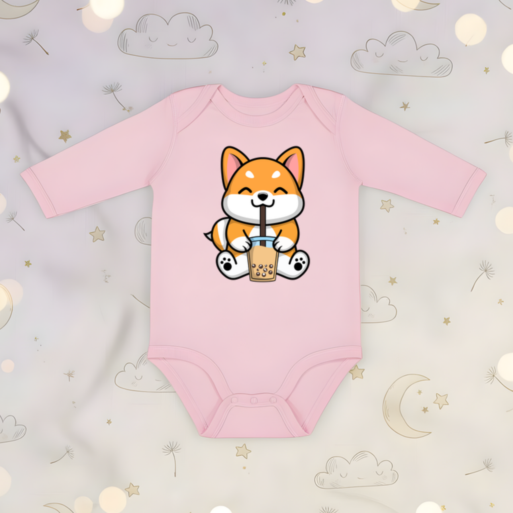 Puppy Drinking Boba Tea Long Sleeve Onesie
