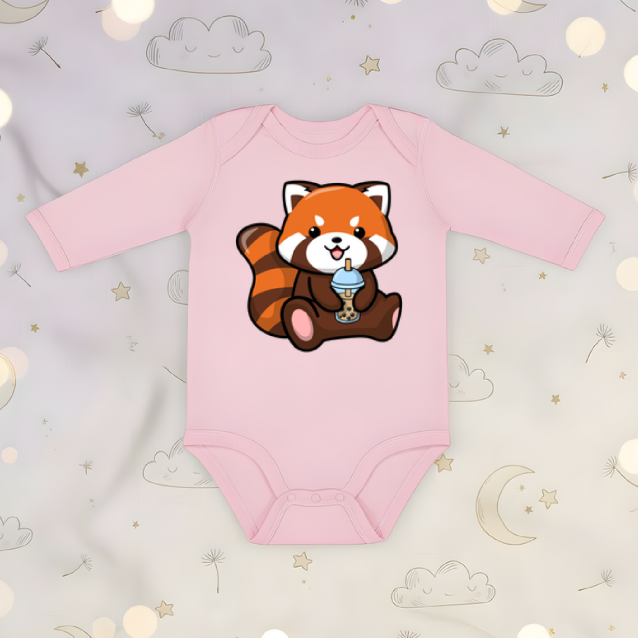Red Panda Drinking Boba Tea Long Sleeve Onesie