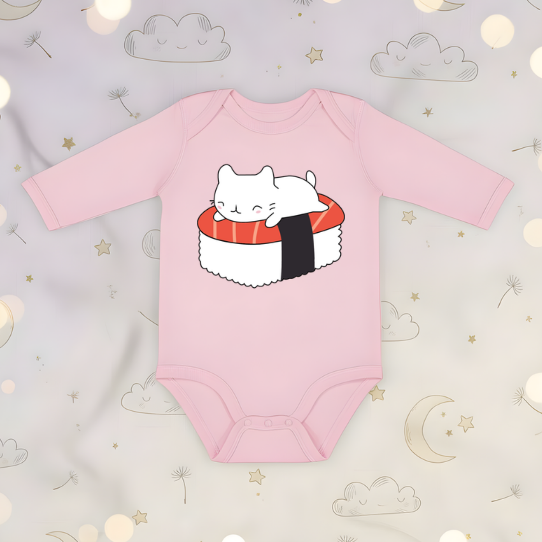 White Kitten on Sushi Bed Long Sleeve Onesie