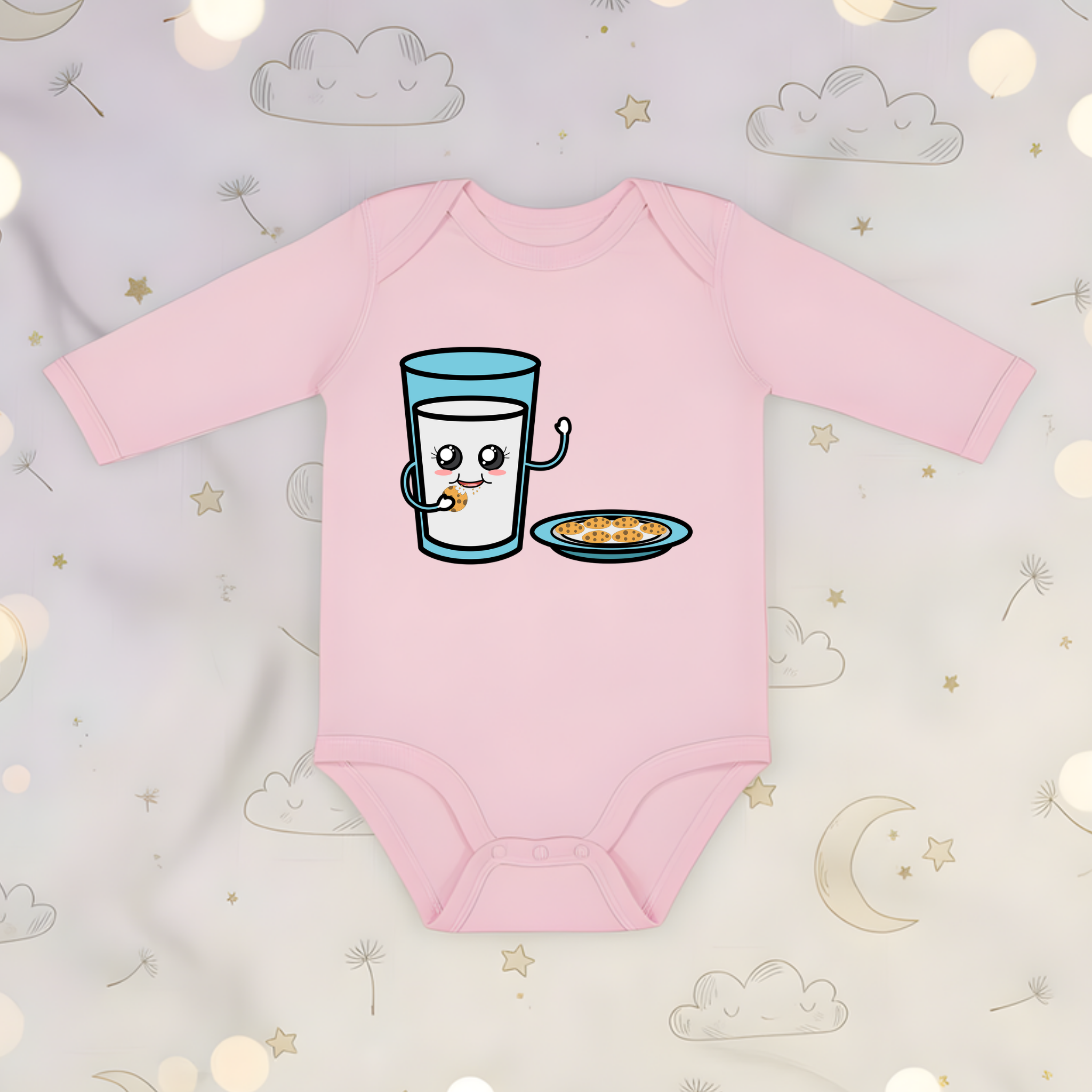 Glass of Milk Eating Cookies Long Sleeve Onesie