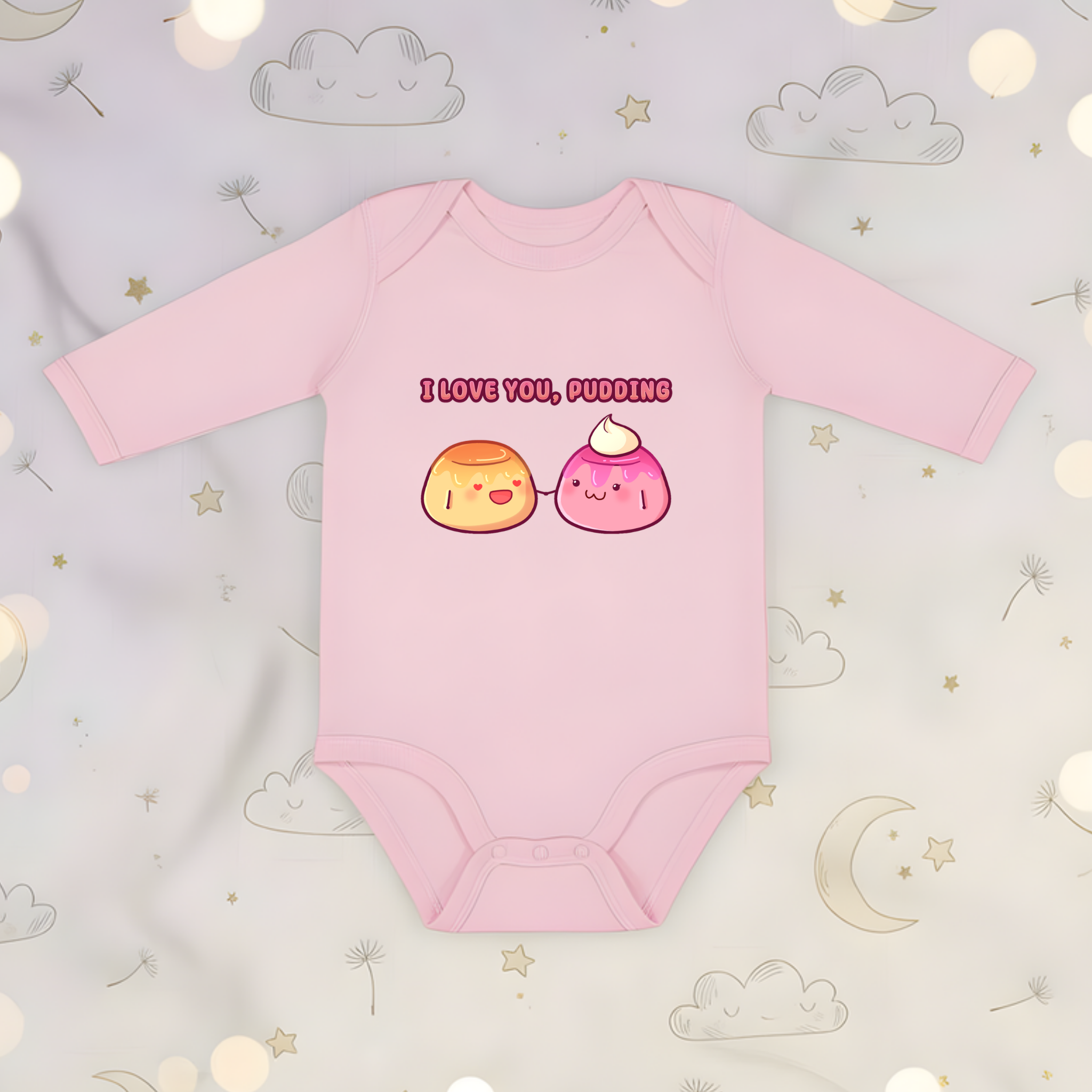 I Love You, Pudding Flan and Pudding Couple Long Sleeve Onesie