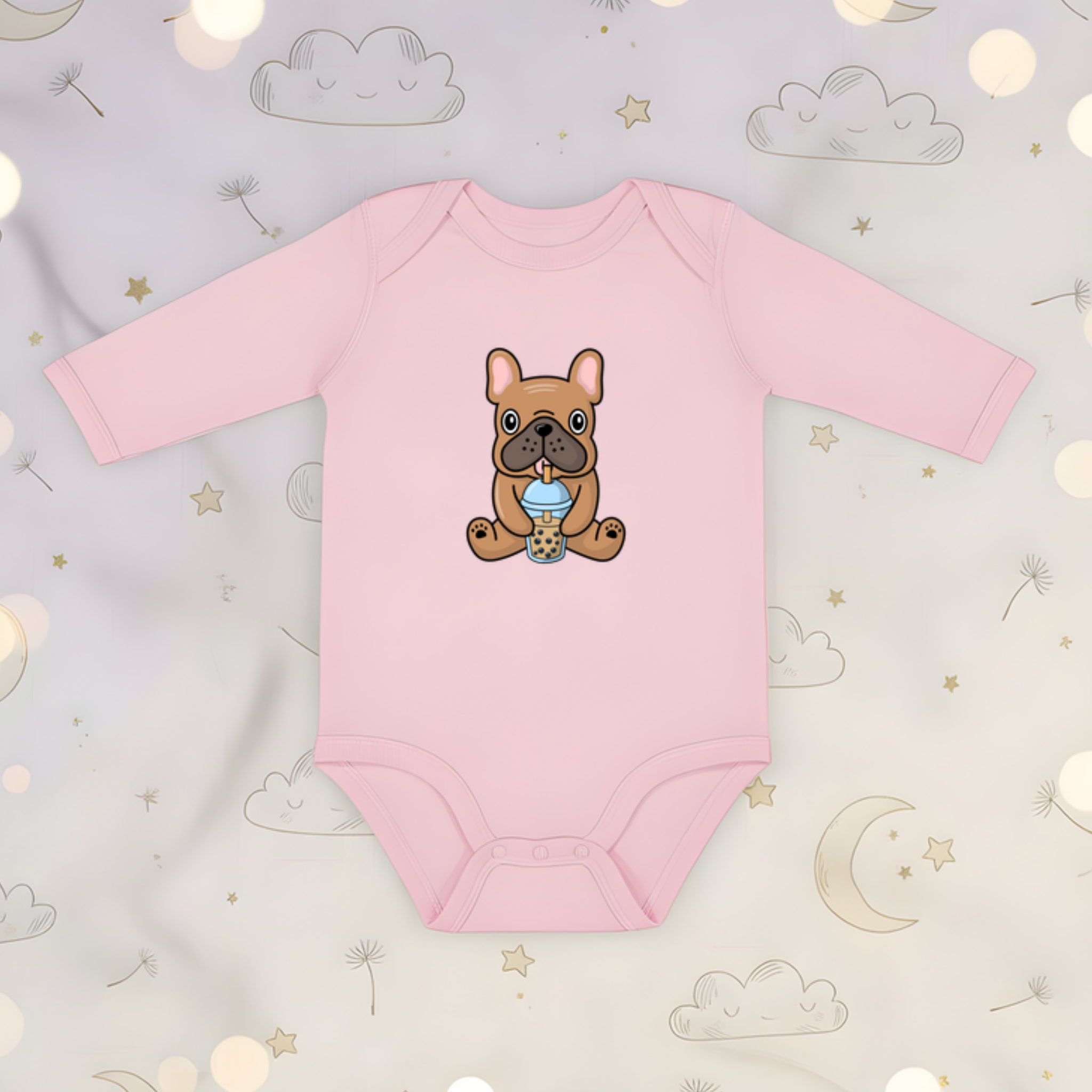 French Bulldog Drinking Boba Long Sleeve Onesie