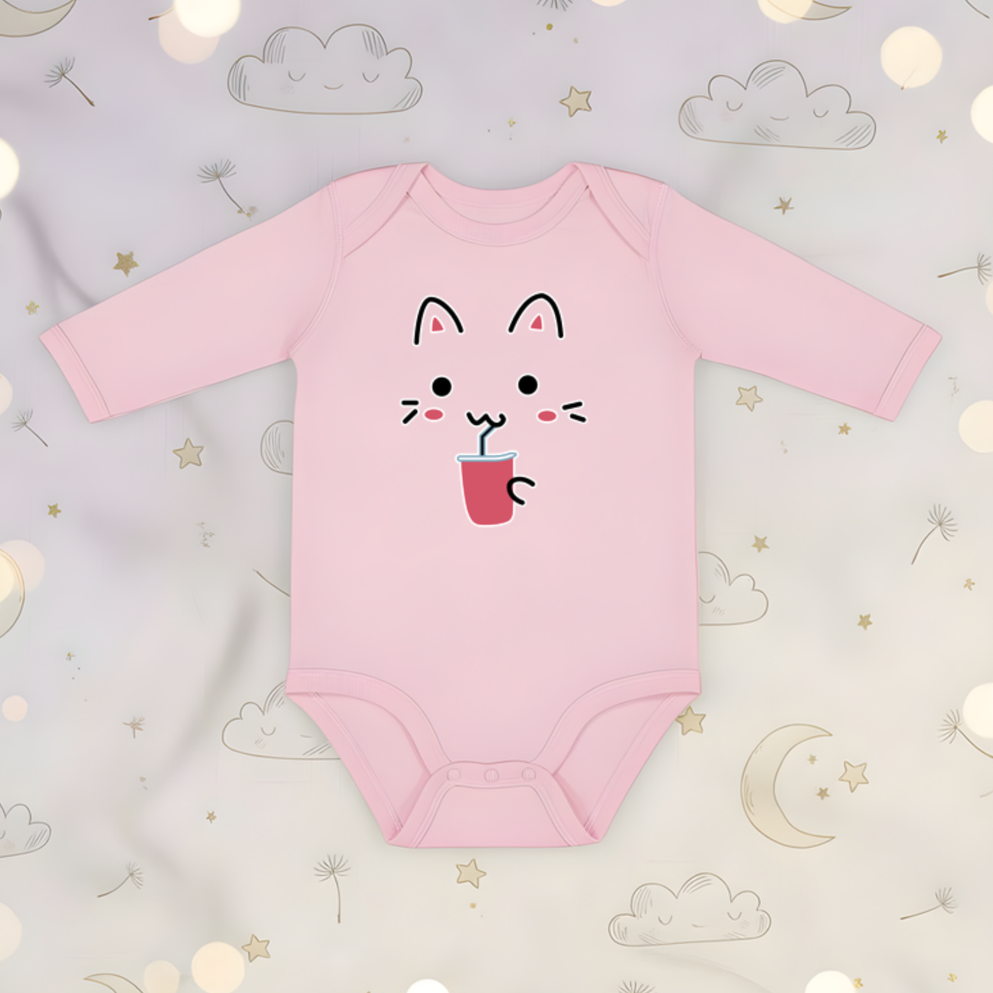 Kitten Drinking Boba Tea Long Sleeve Onesie