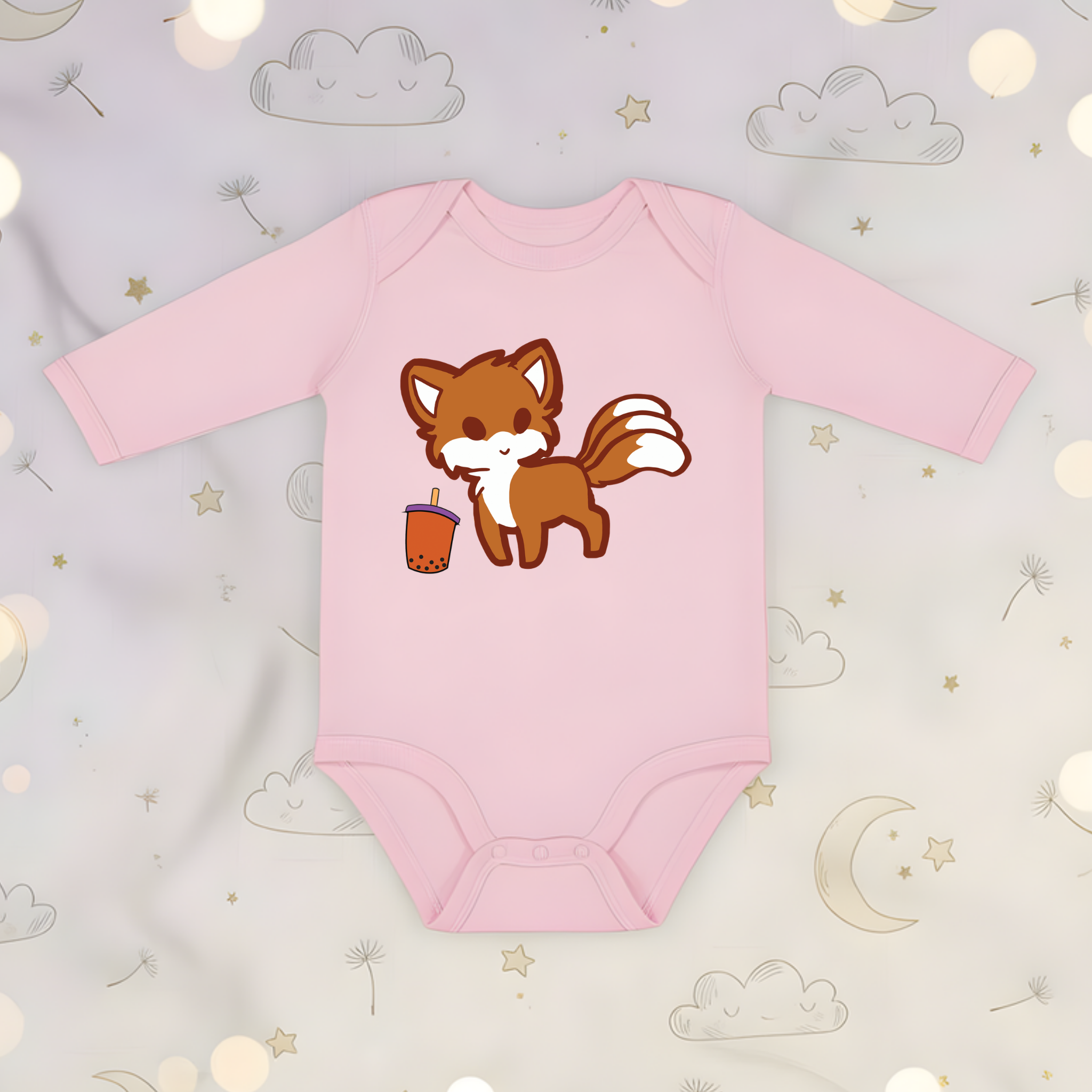 Fox Drinking Boba Tea Long Sleeve Onesie