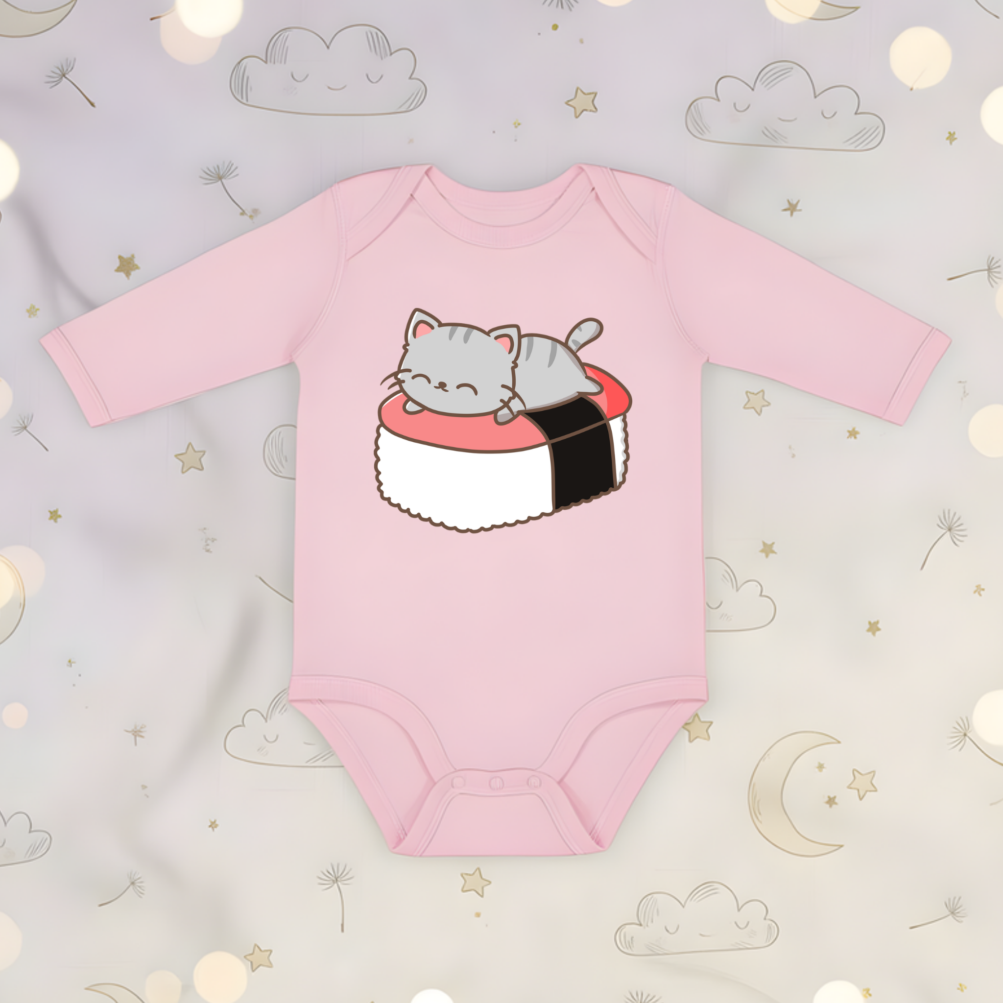 Grey Kitten on Sushi Bed Long Sleeve Onesie