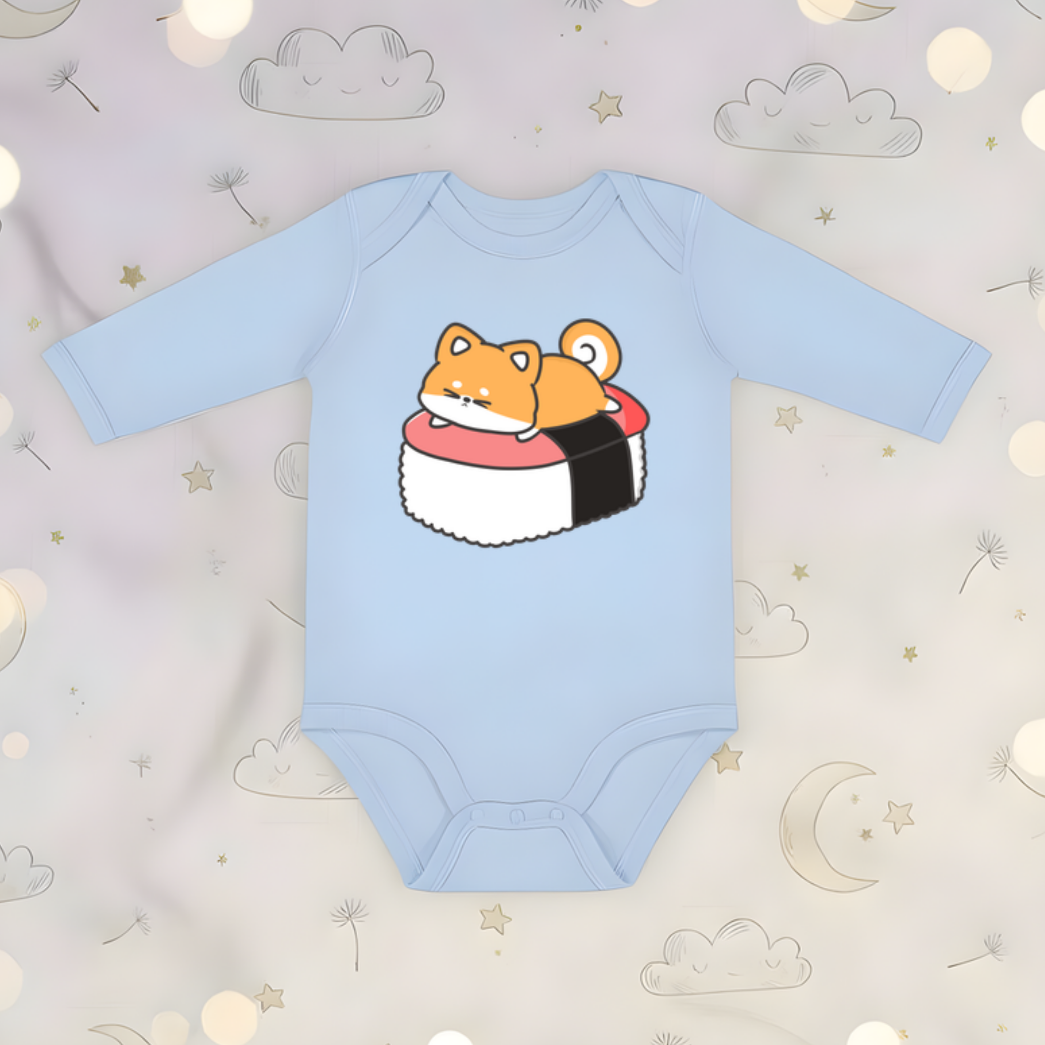 Puppy on Sushi Bed Long Sleeve Onesie