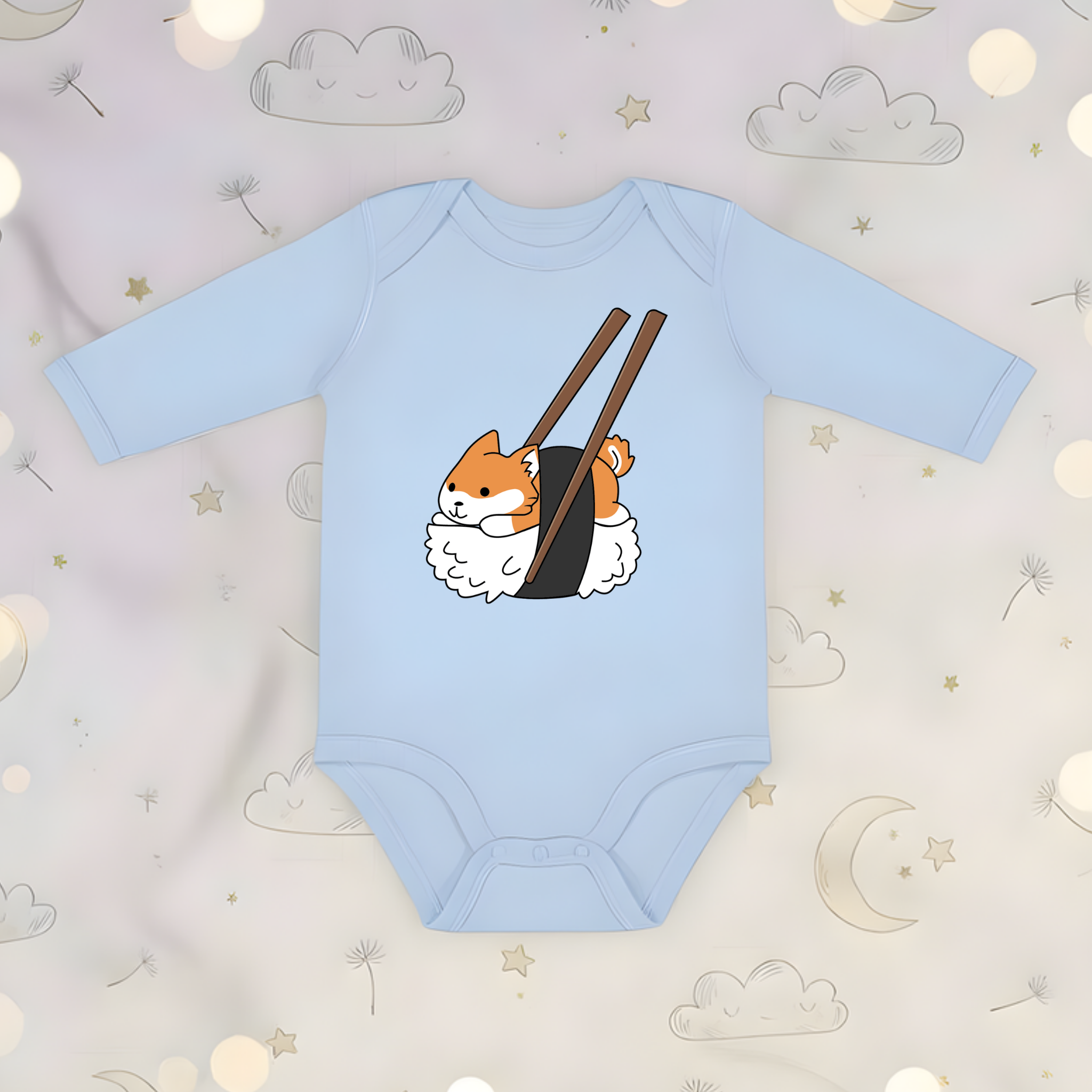 Shiba Inu Sushi with Chopsticks Long Sleeve Onesie