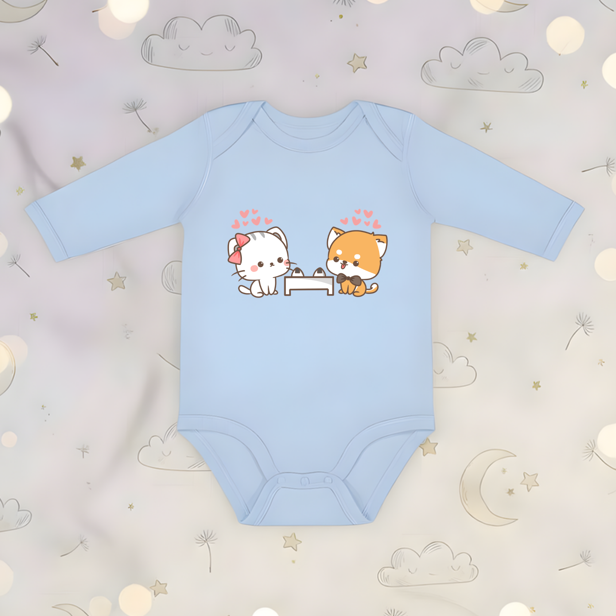 Cat and Dog Sushi Date Long Sleeve Onesie