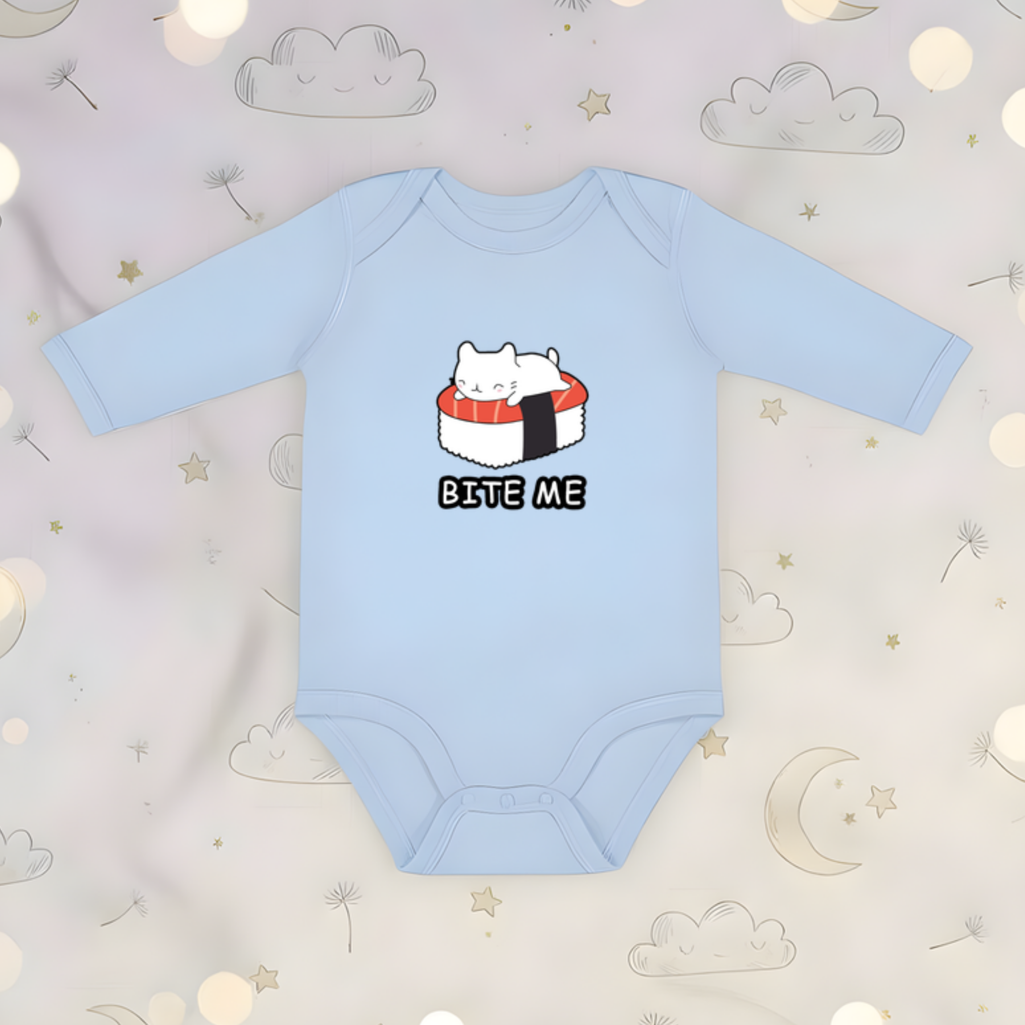 Bite Me White Kitten on Sushi Bed Long Sleeve Onesie