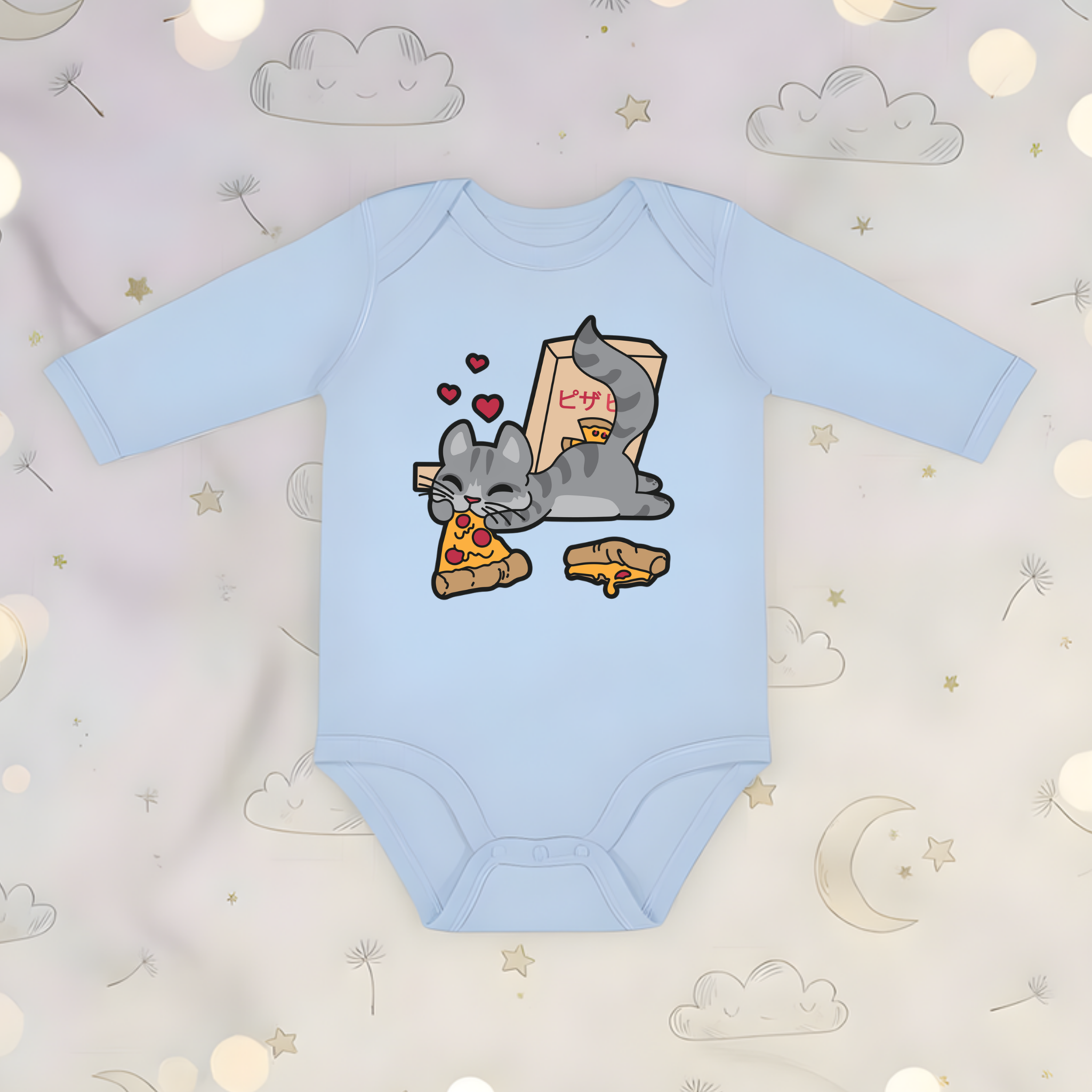 Cat Eating Pizza Long Sleeve Onesie