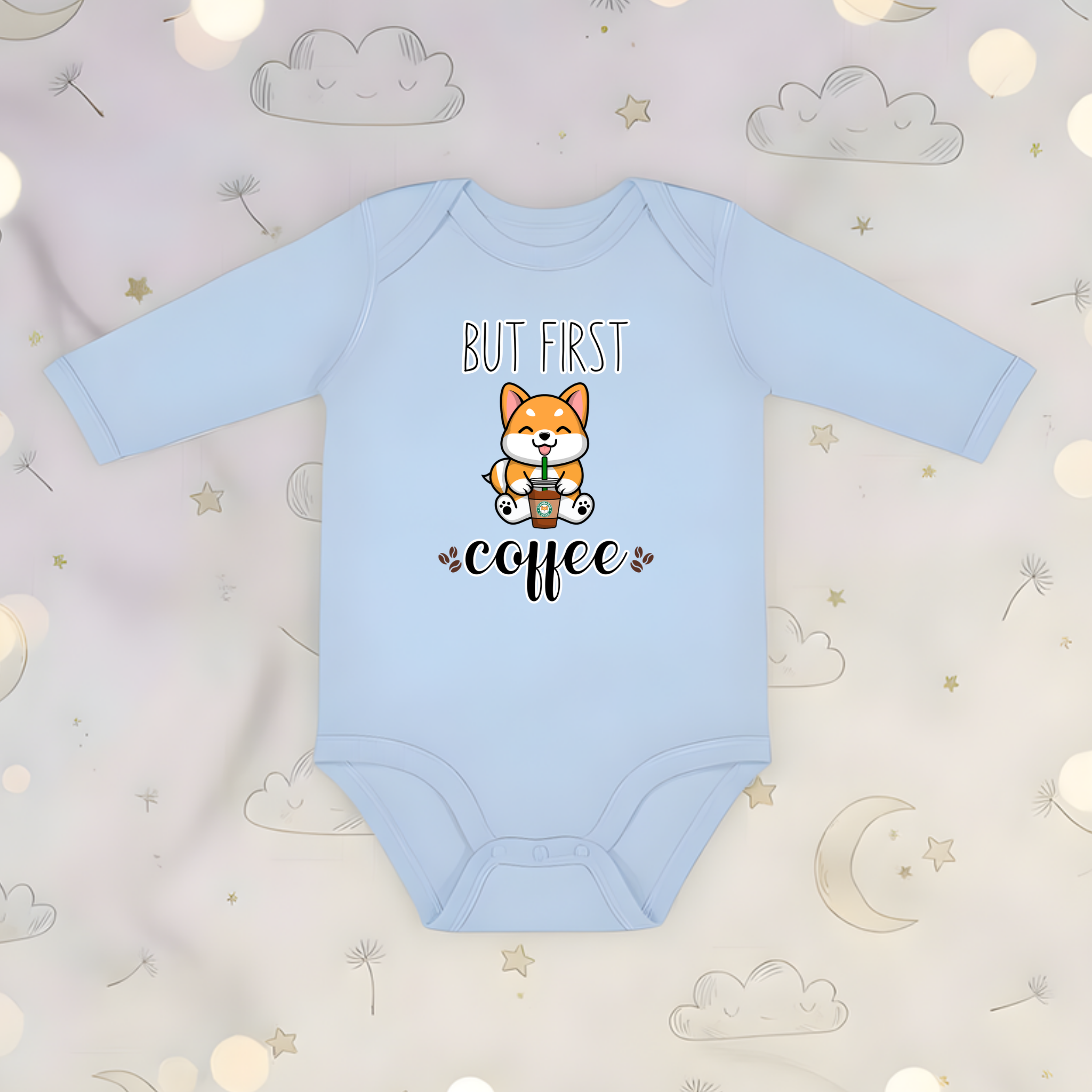 But First Coffee Puppy with Coffee (Tongue) Long Sleeve Onesie