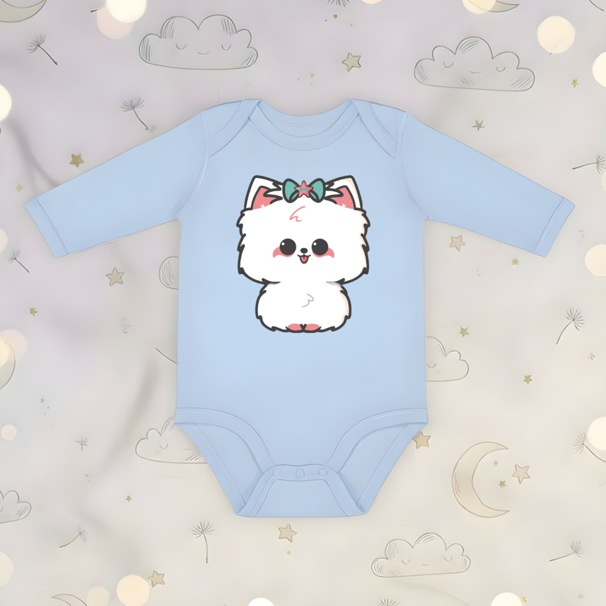 White Puppy with Bow Long Sleeve Onesie